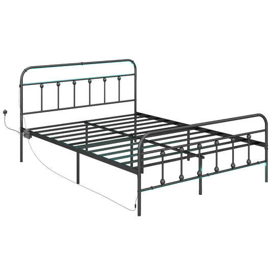 HOMCOM King Bed Frame with LED Lights and Charging Station, Metal Platform Bed Frame with Under Bed Storage, Black