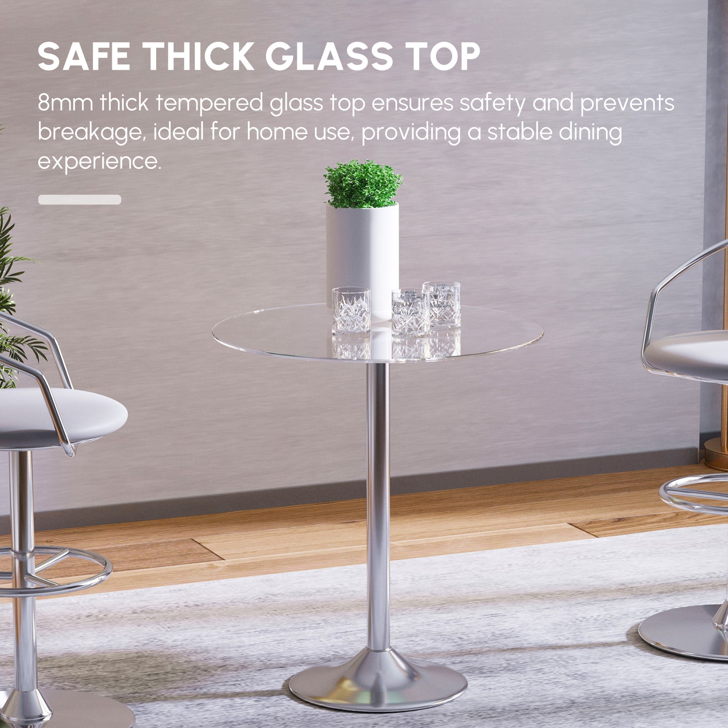 HOMCOM Round Dining Table, Modern Dining Room Table with Tempered Glass Top, Steel Base, Space Saving Small Bar Table