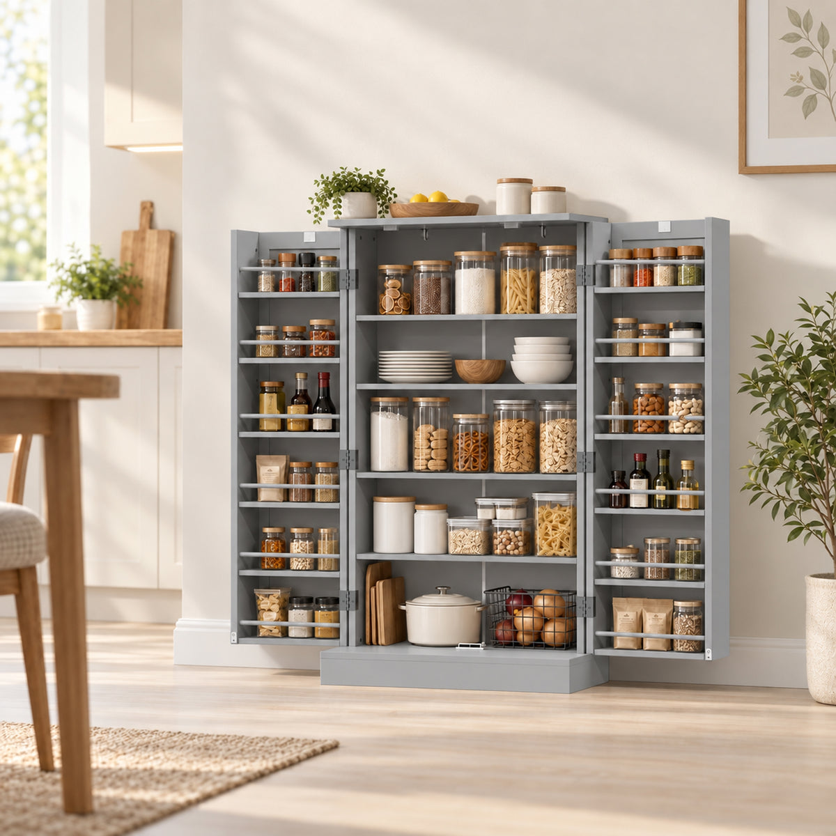 HOMCOM Kitchen Cupboard, Freestanding Multi-Storage Kitchen Pantry Cabinet with Adjustable Shelves, Grey