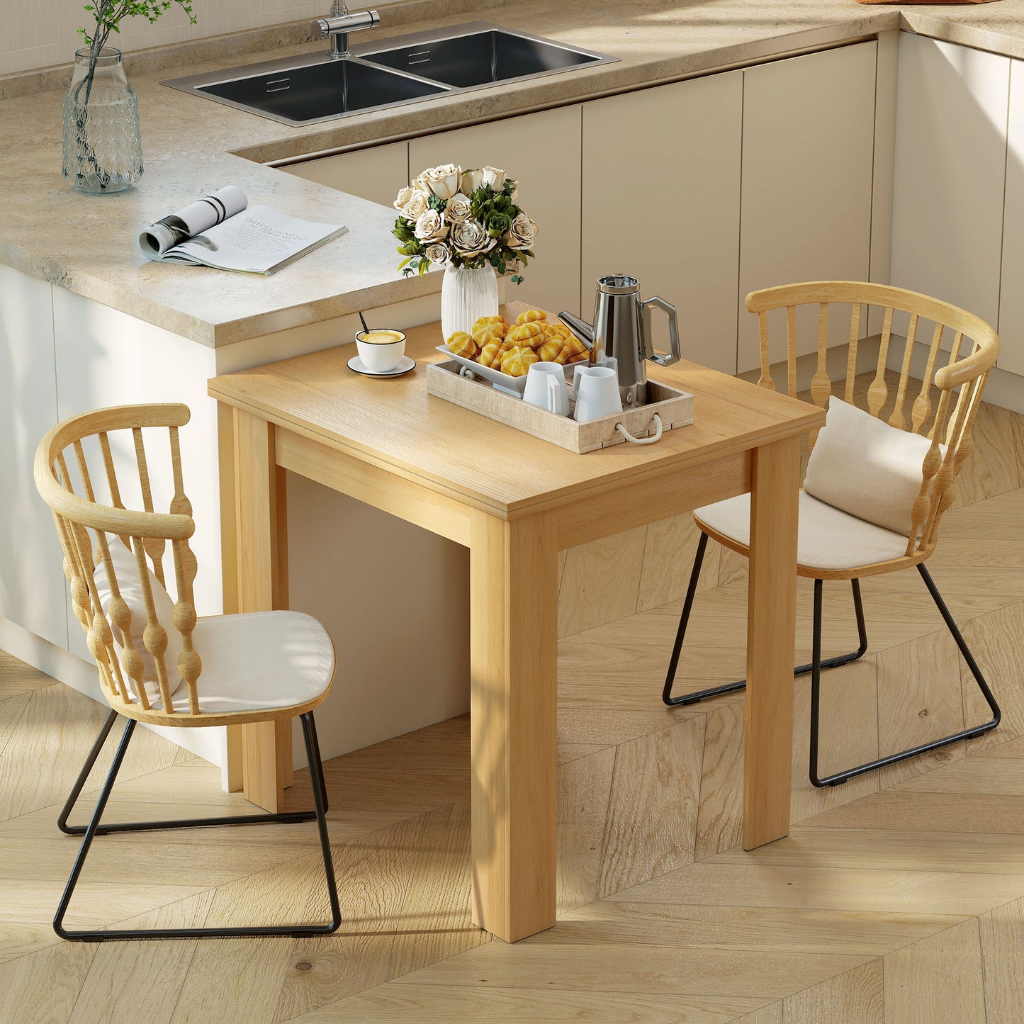 HOMCOM Extendable Rectangular Dining Table for 4 to 6 People, 70-140 cm Kitchen Table, Felt Pads, Natural Wood