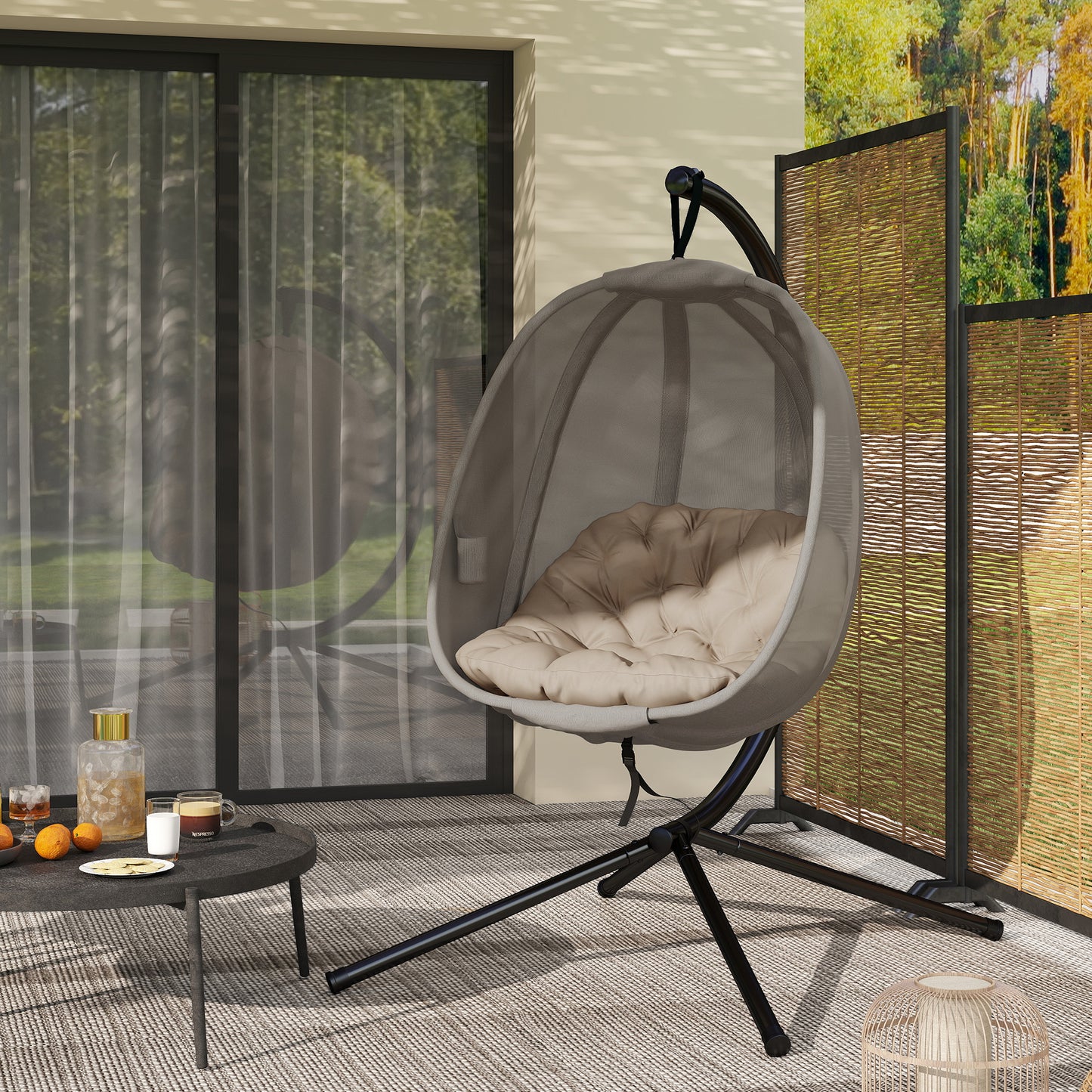 Outsunny Hanging Egg Chair, Folding Texteline Swing Hammock with Side Pocket, Cushion and Stand for Indoor Outdoor, Patio Garden Furniture, Khaki