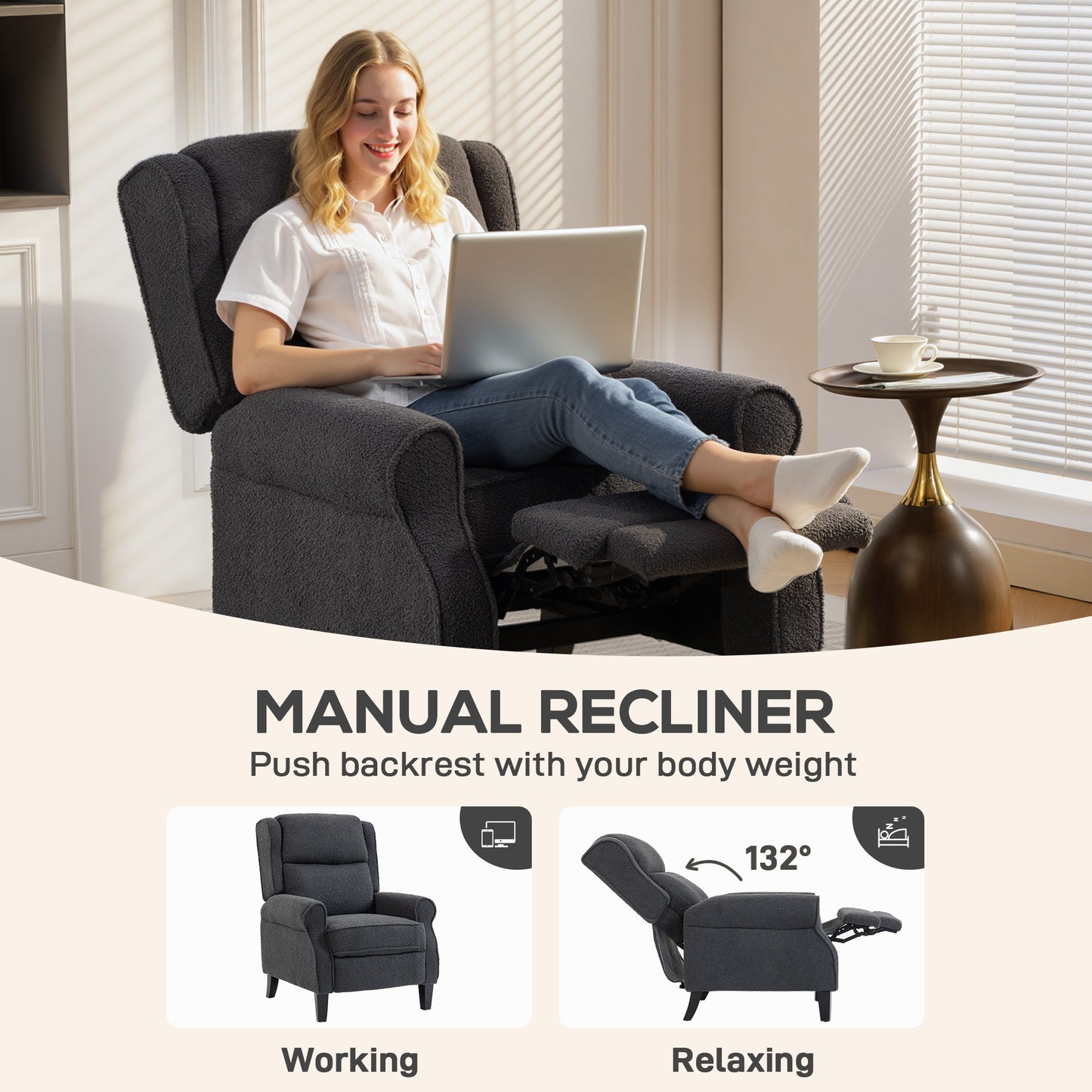 HOMCOM 132Â° Recliner Armchair, with Extended Footrest - Dark Grey