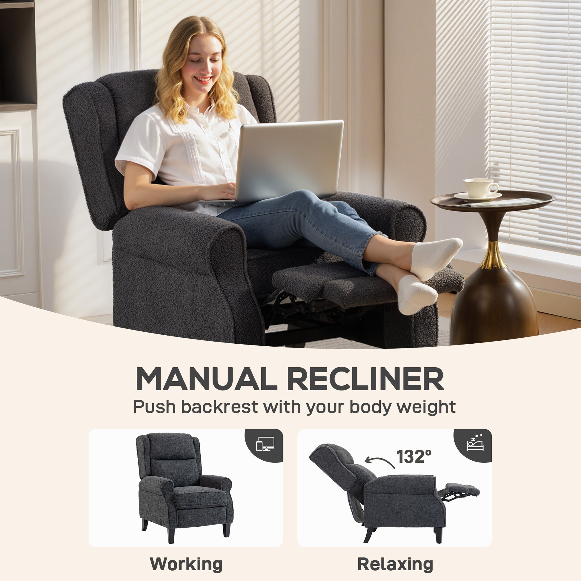 HOMCOM 132Â° Recliner Armchair, with Extended Footrest - Dark Grey