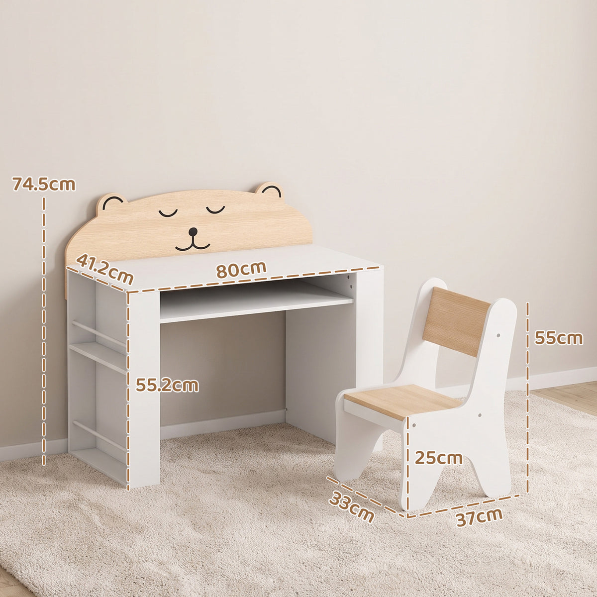 AIYAPLAY Kids Table and Chair Set with Side Bookshelves, Open Storage, Non-Slip Pads for 3-8 Y, Bedroom, Study Room, Bear-Themed