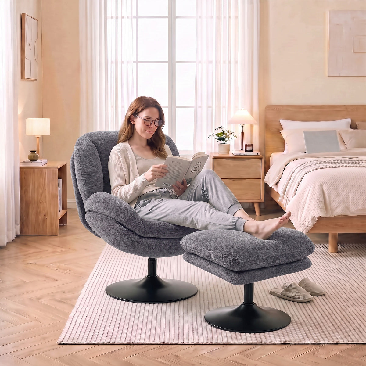 HOMCOM Modern Chenille Lazy Chair with Ottoman, 360Â° Swivel, Upholstered Reading Seat Set for Living Room, Dark Grey