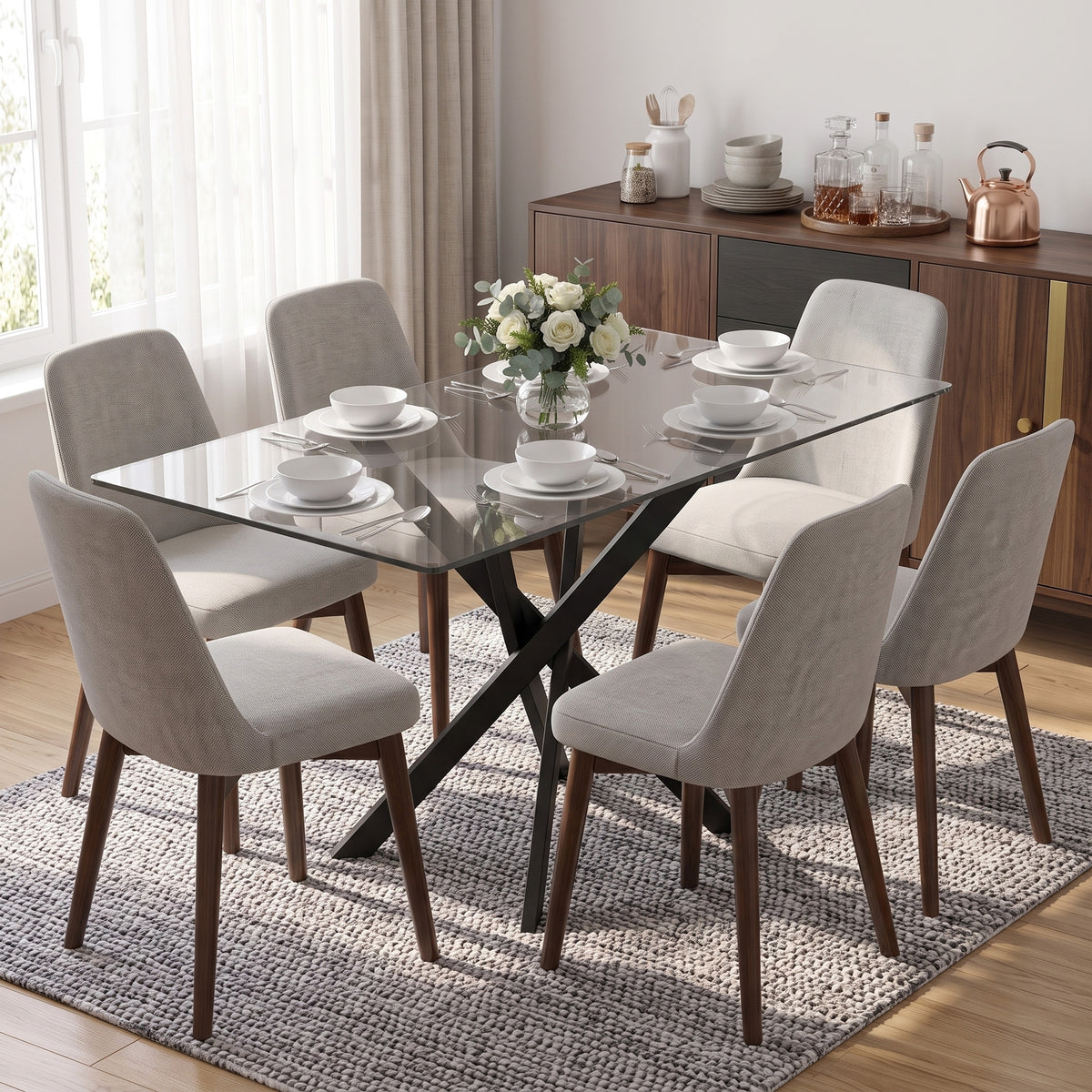 HOMCOM Rectangular Dining Table for 6 People, 120cm Modern Kitchen Table with Tempered Glass Top and Cross Steel Legs, Clear