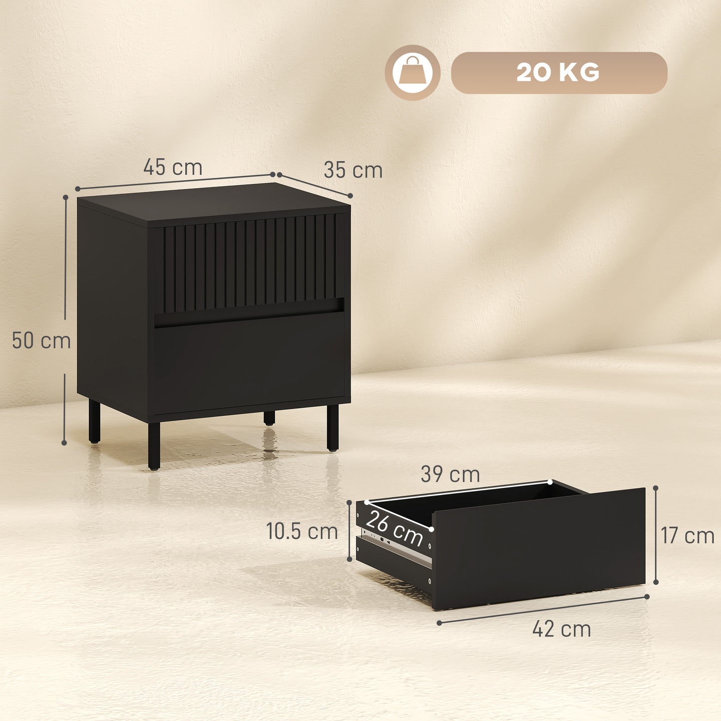 HOMCOM Bedside Cabinet, Bedside Table with 2 Drawers, Storage and Steel Legs for Bedroom, Living Room, Black