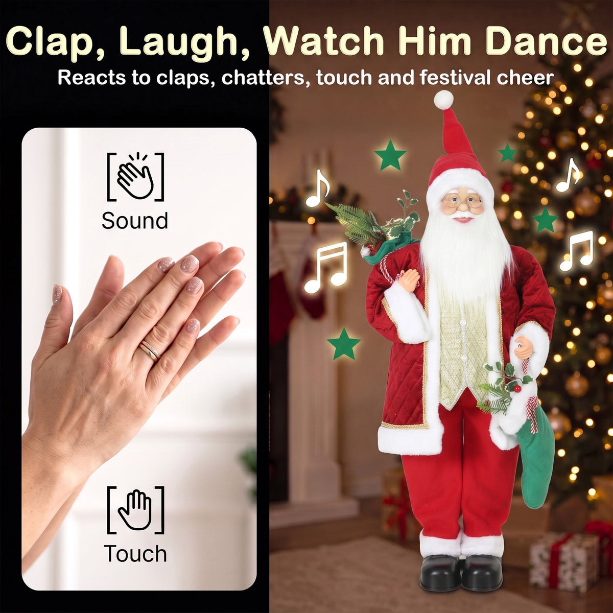 HOMCOM 4ft Life Size Singing Dancing Santa Claus, 120 cm Standing Musical Animated Santa with Stocking, Sack, Posable Arms, Handcrafted, Sound Touch Activated, Moving Christmas Figure Decor