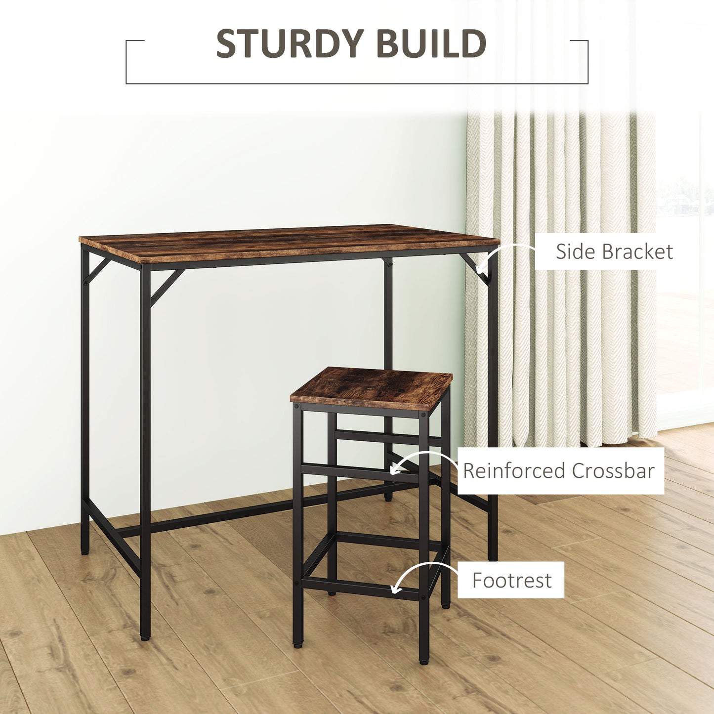 HOMCOM 5-Piece Breakfast Bar Table and Stools Set, Kitchen Bar Table Set with High Table and 4 Stools, Space Saving Compact Dining Furniture for Small Spaces, Rustic Brown