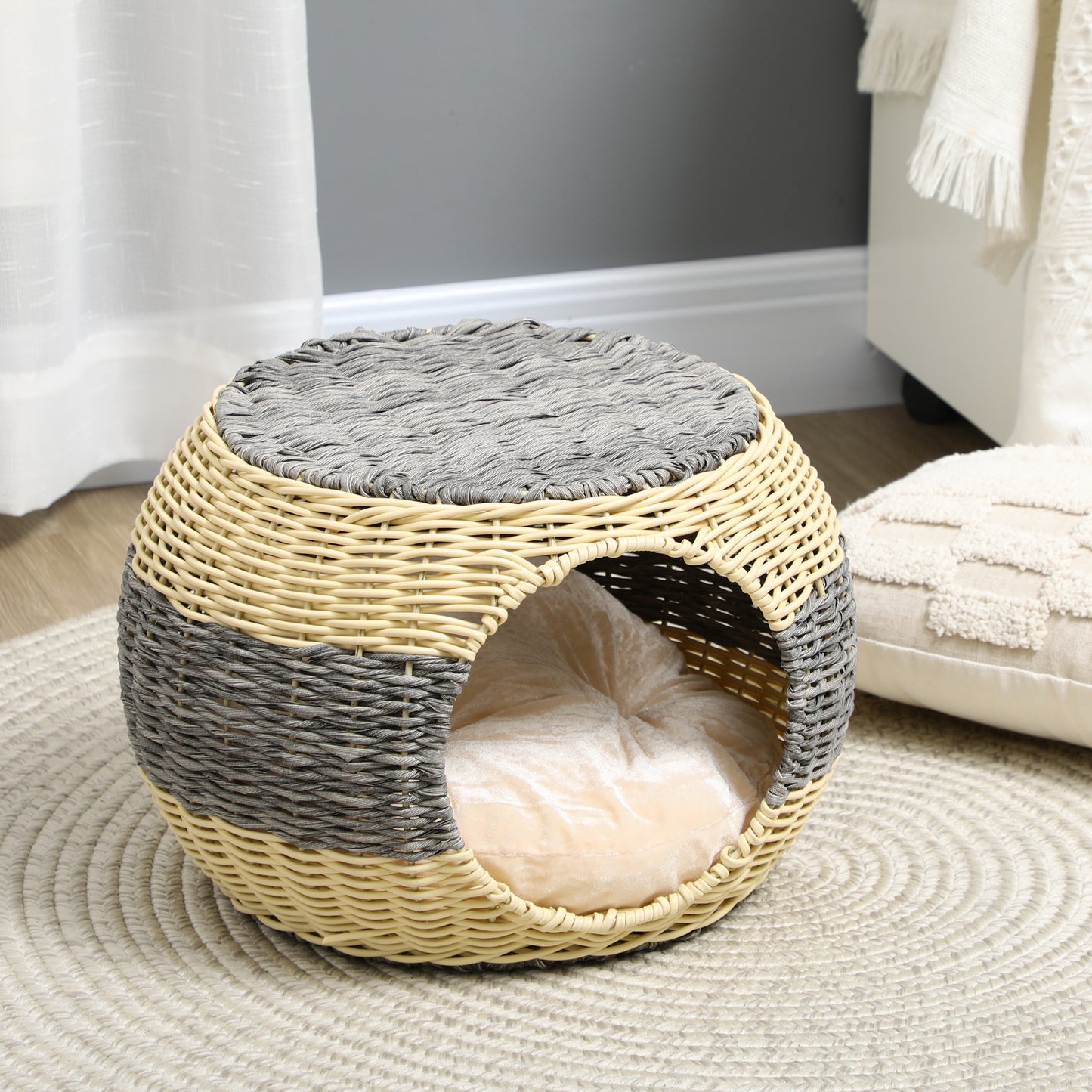 PawHut Wicker Cat House, Rattan Raised Cat Bed, Cosy Kitten Cave with Soft Washable Cushion, Î¦40 x 30cm