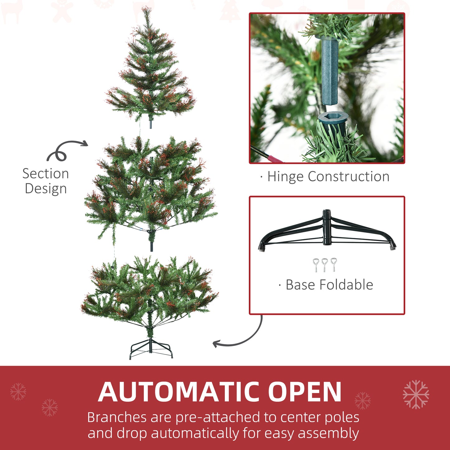 HOMCOM 1.8m 6ft Pre-Lit Christmas Tree Artificial Spruce Xmas Tree Warm White LED Holiday DÃ©cor with Metal Stand