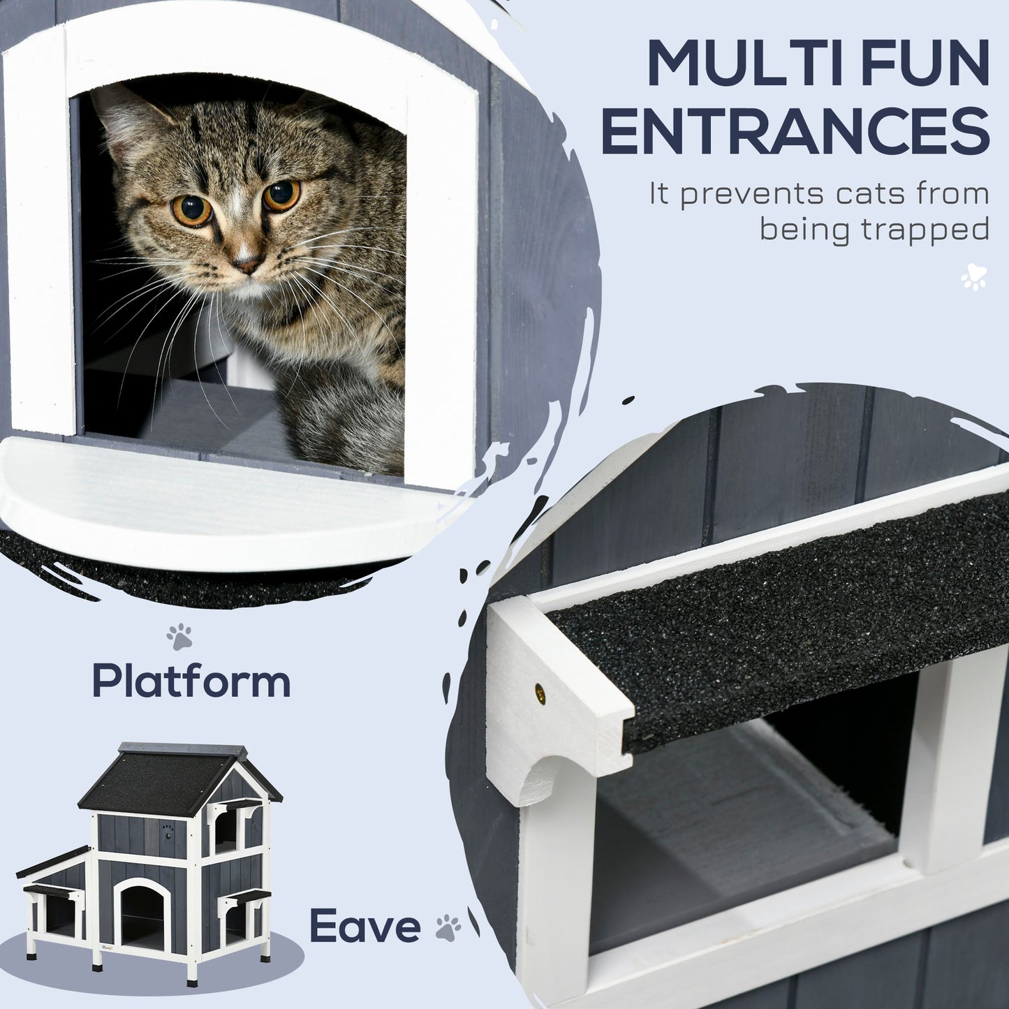 PawHut Wooden Cat House with Flower Pot, Windows, Multiple Entrances, Water-Resistant Roof for Outdoor - Grey