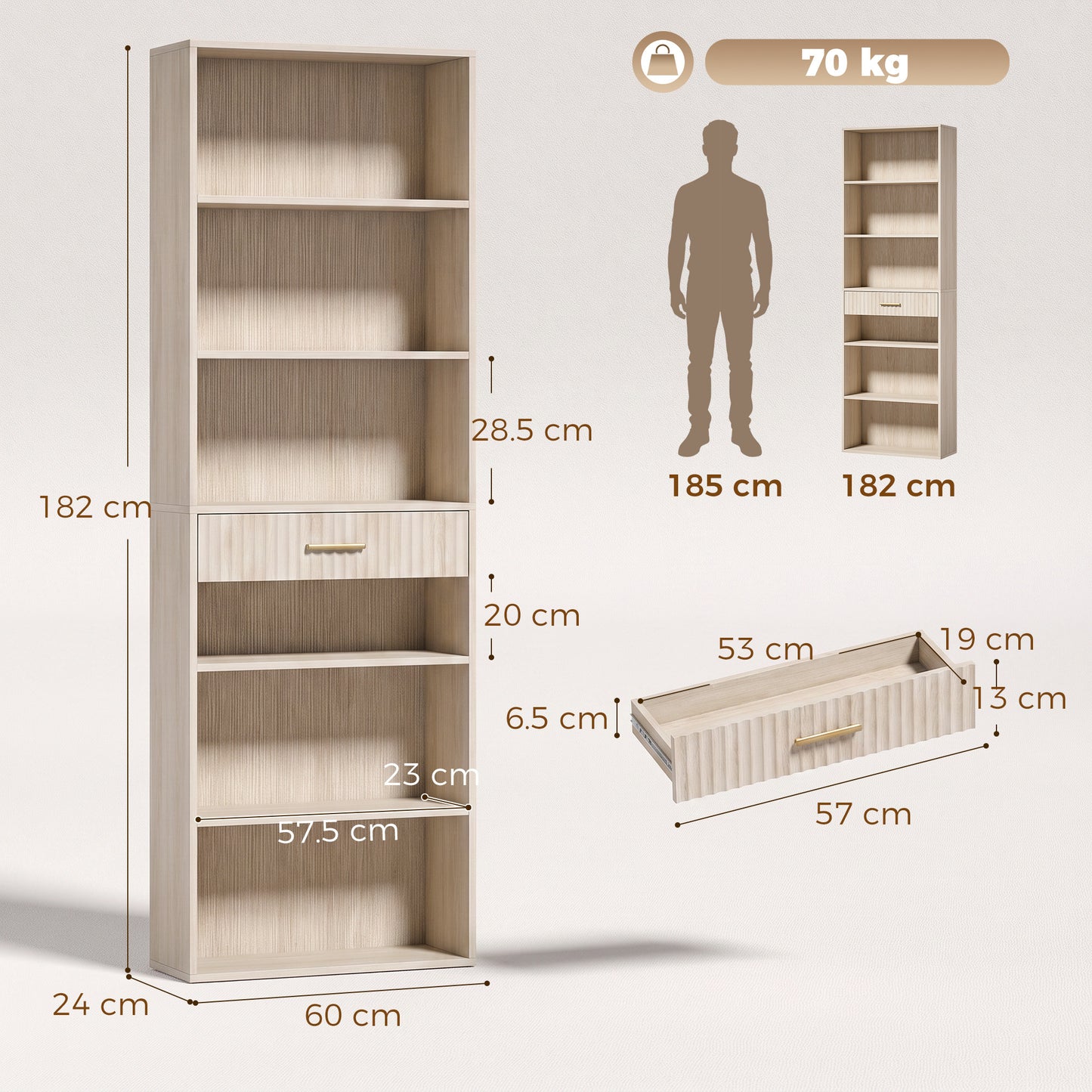 HOMCOM Bookcase Narrow Tall Space-Saving Bookshelf Drawer Open Shelves 60 x 24 x 182 cm Oak Wood Effect