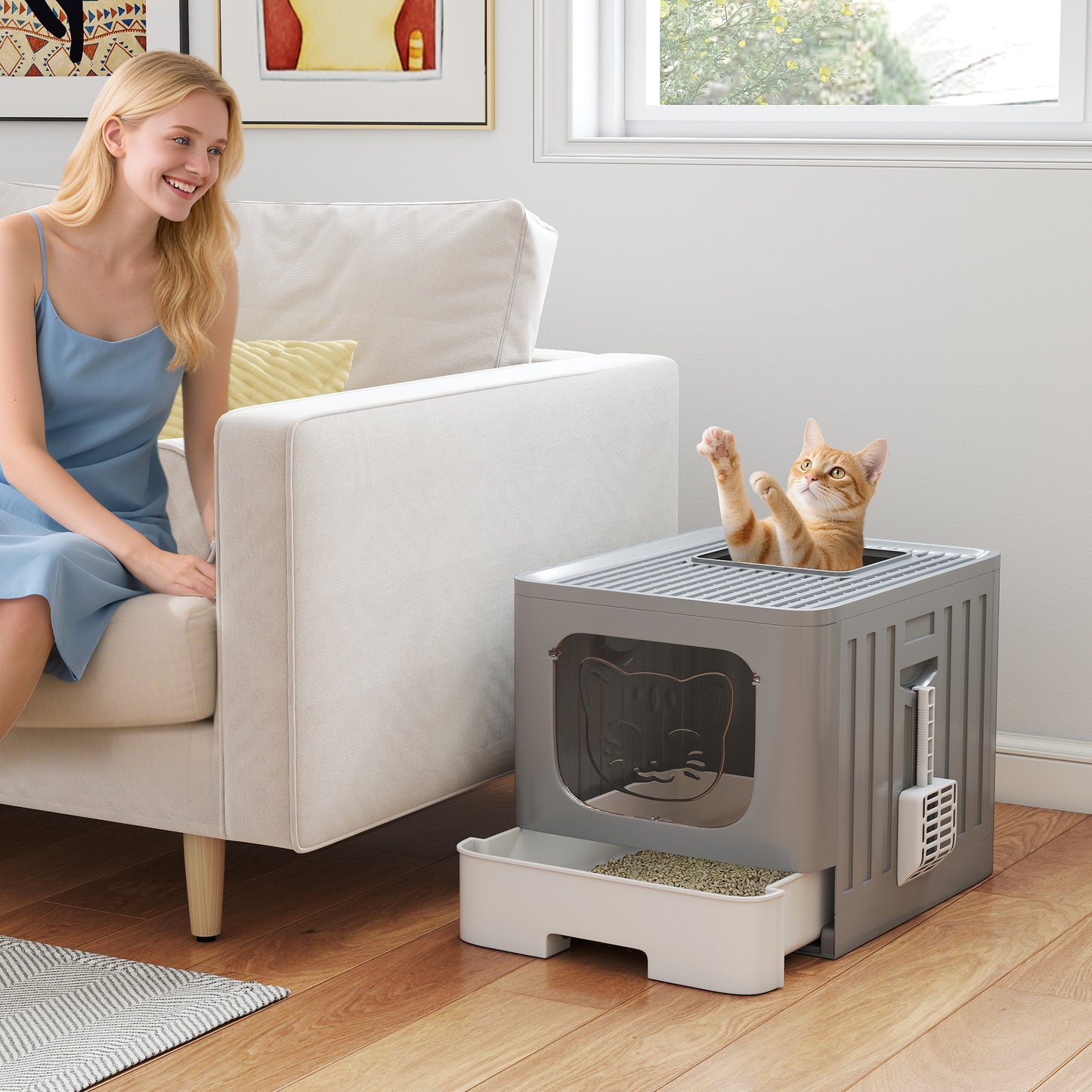 PawHut Foldable Cat Litter Box with Lid, Slide-Out Drawer, Scoop, Easy Clean, Odour Control, Anti-Splashing, Grey