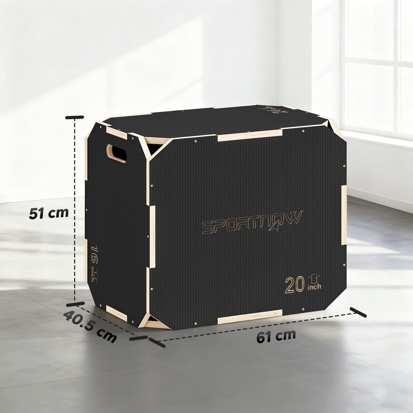 SPORTNOW 3 in 1 Wooden Plyo Box, Corner-free Non-Slip Plyometric Jump Box Step Up Platform with Handle Openings for Home Gym Exercise and Outdoor Workout, 24" x 20" x 16"