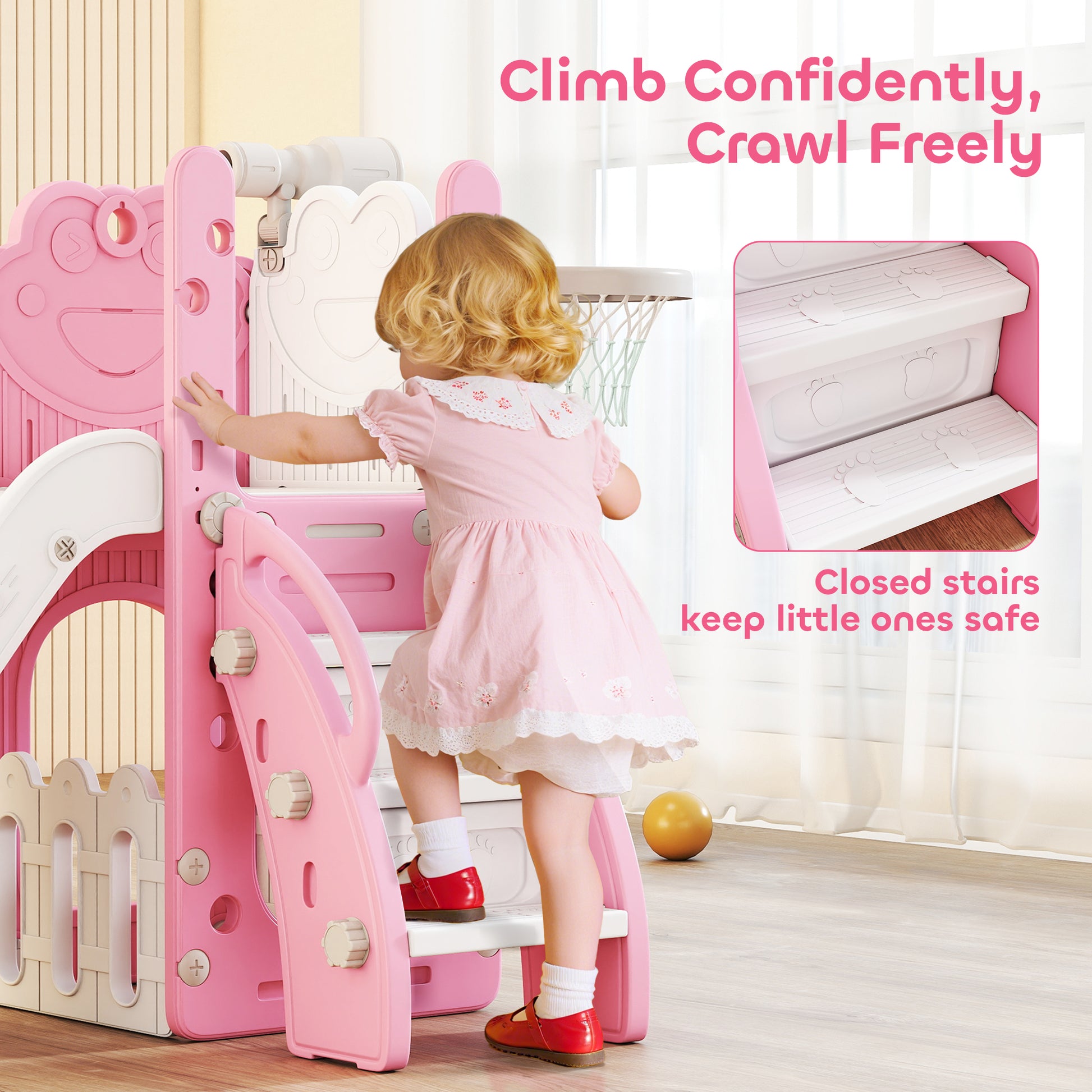 AIYAPLAY 5 in 1 Kids Slide Set with Basketball Hoop, Climbing Frame, Telescope, Storage Box for Toddlers Ages 1-3, Pink