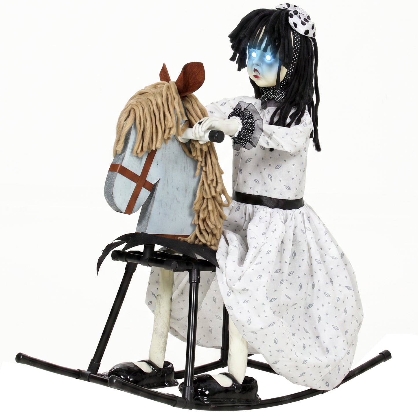 HOMCOM Animated Halloween Girl Riding Horse, Halloween Animatronics with Creepy Rhymes, Glowing Eyes, Sound/Touch Activated