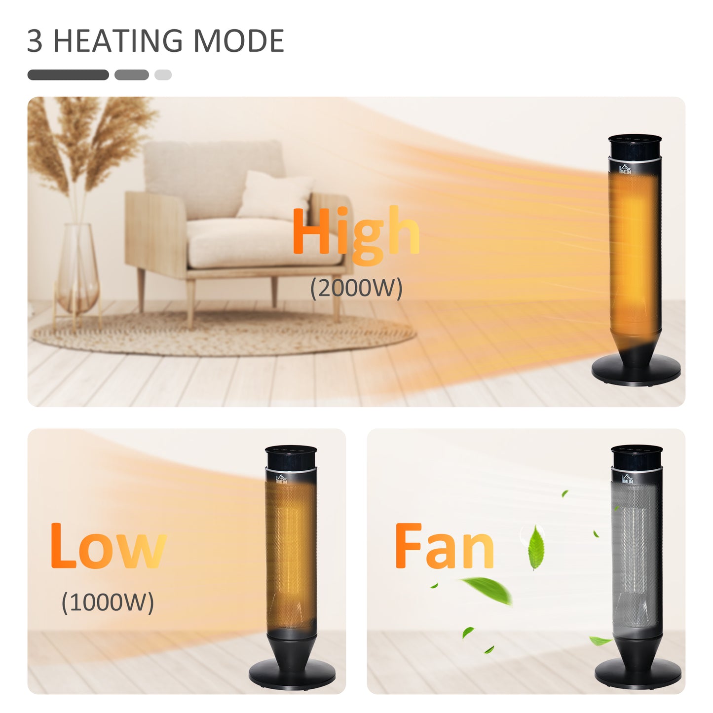 HOMCOM 21 Inch Space Heater, 1000W/2000W Ceramic Electric Heater and Fan, Overheating & Tip-Over Protection, 8H Timer, 42Â° Oscillation, Portable Heater for Home
