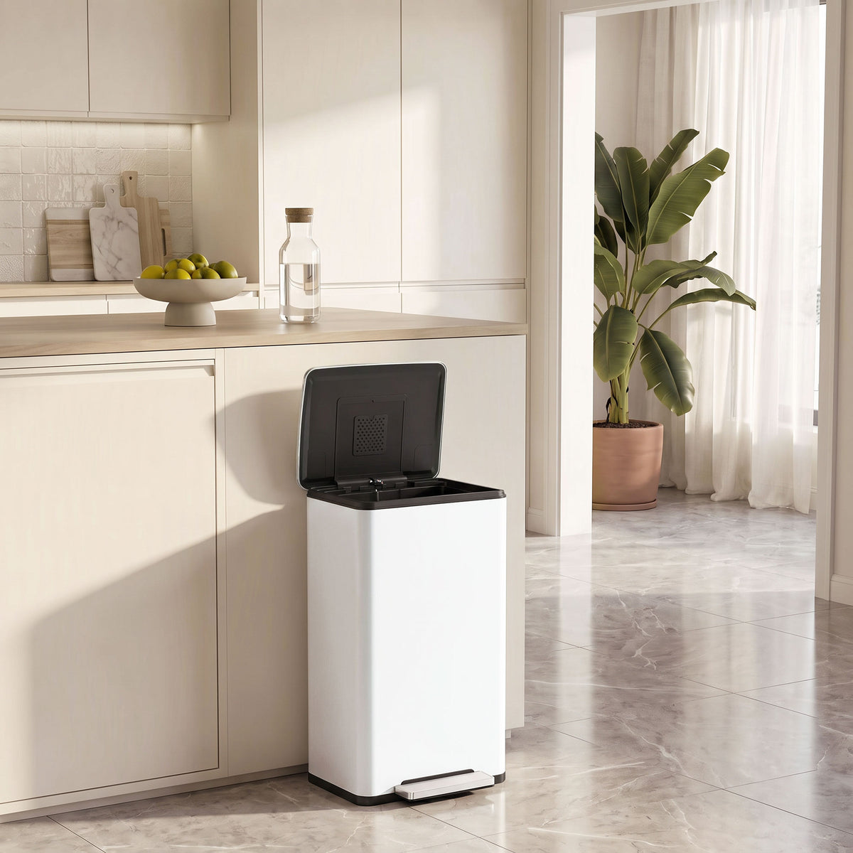 HOMCOM 45L Kitchen Bin, Pedal Bin with Soft-Close and Stay-Open Lid, Removable Inner Bucket, Odour Control for Kitchen, Office