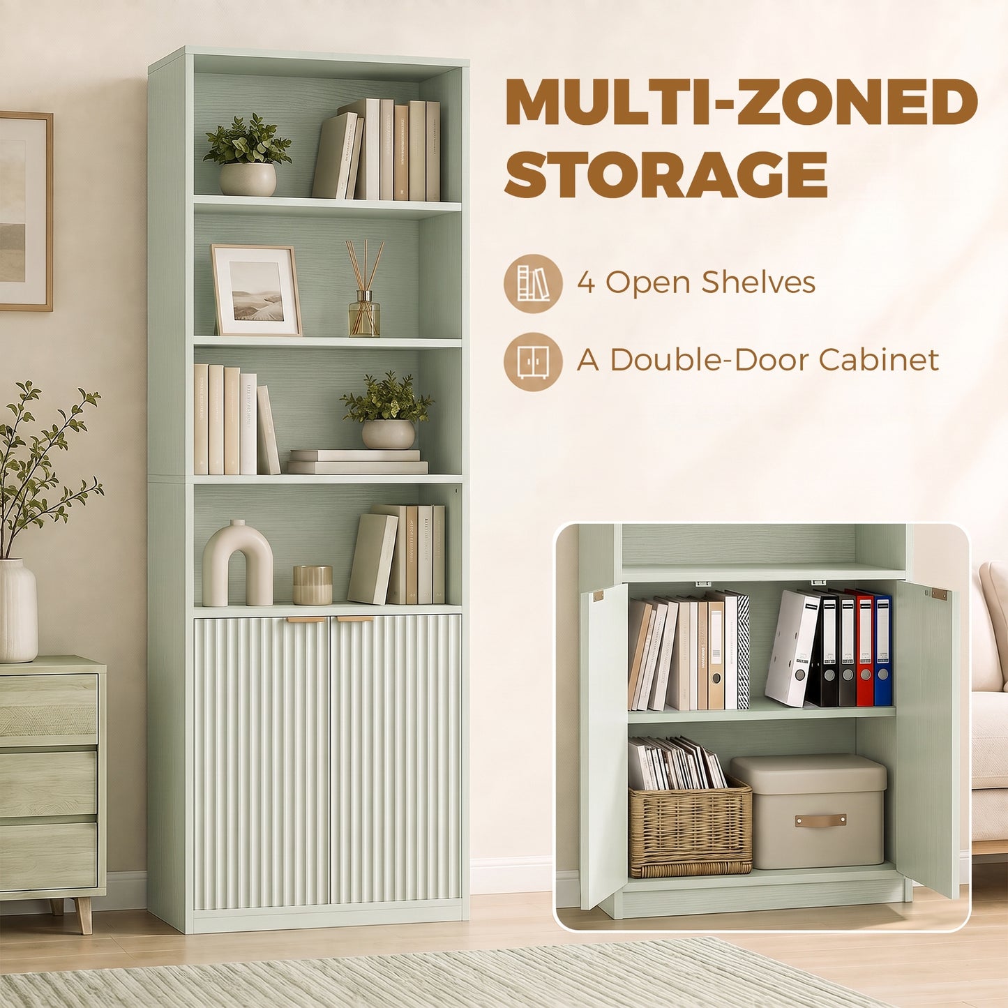 HOMCOM Bookcase Adjustable Shelf Bookshelf Anti-Tip Hardware 6-Tier, Light Green