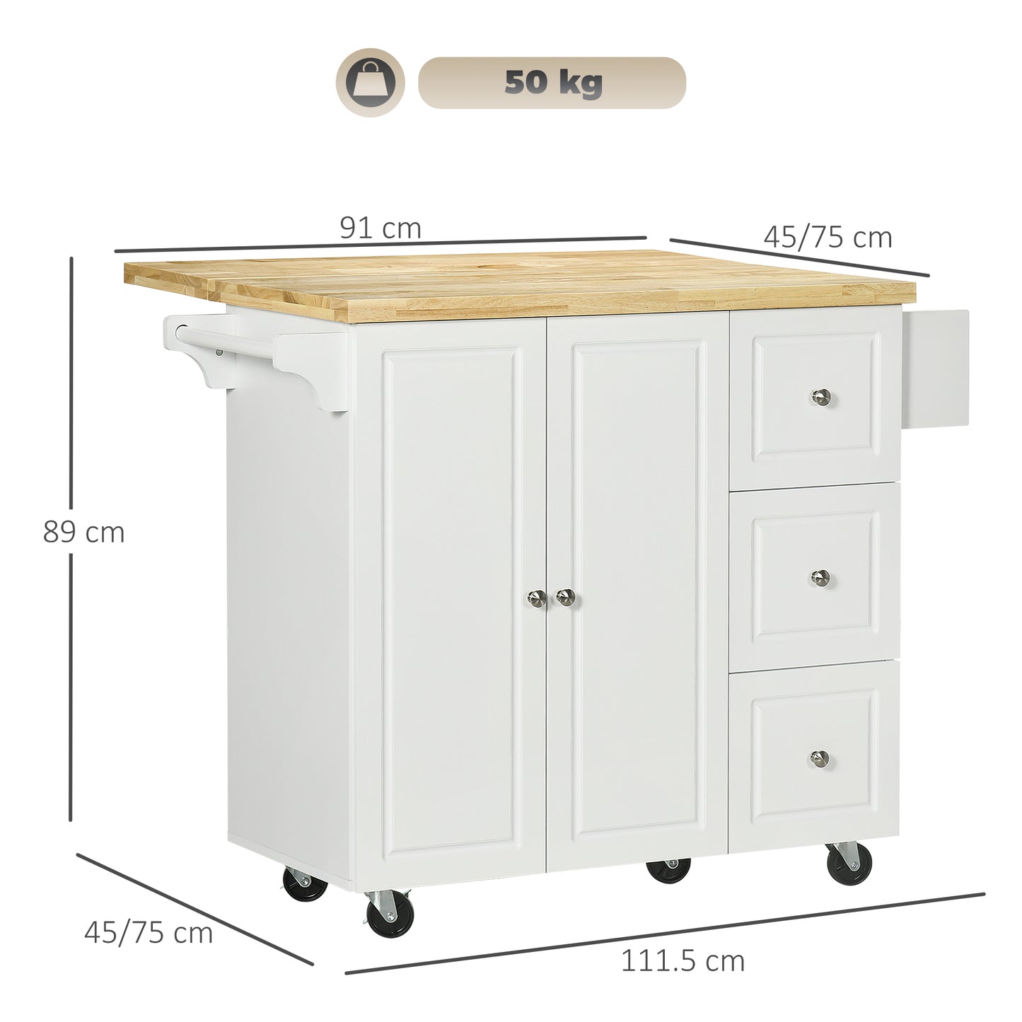 HOMCOM Drop-Leaf Kitchen Island on Wheels with Extendable Rubber Wood Worktop, Rolling Kitchen Storage Trolley, Utility Storage Cart with Drawers & Cabinet for Kitchen, Dining & Living Room, White