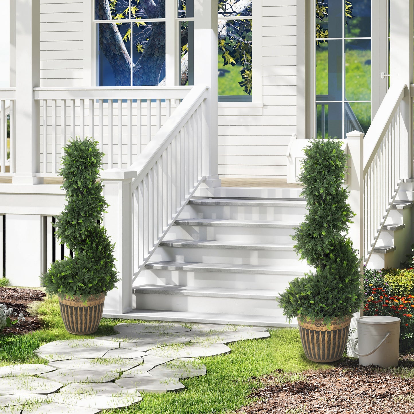 HOMCOM Set of 2 Artificial Plants, Topiary Spiral Boxwood Cypress Trees with Pot, for Home Indoor Outdoor Decor, 90cm