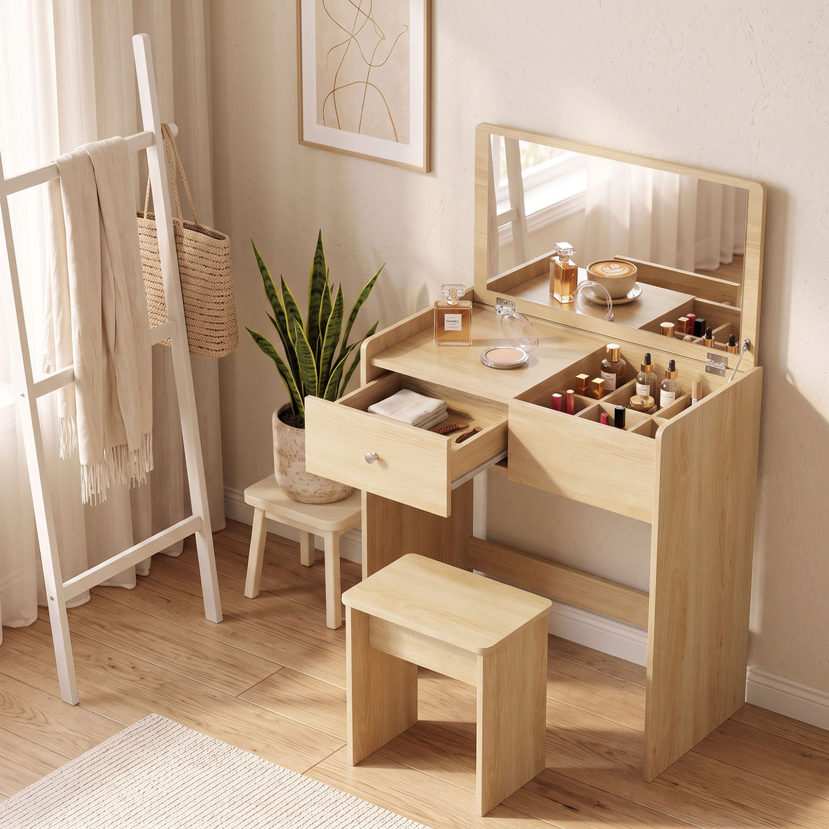 HOMCOM Vanity Desk with Mirror Dressing Table Drawer Set 6 Compartments Storage Stool White and Oak