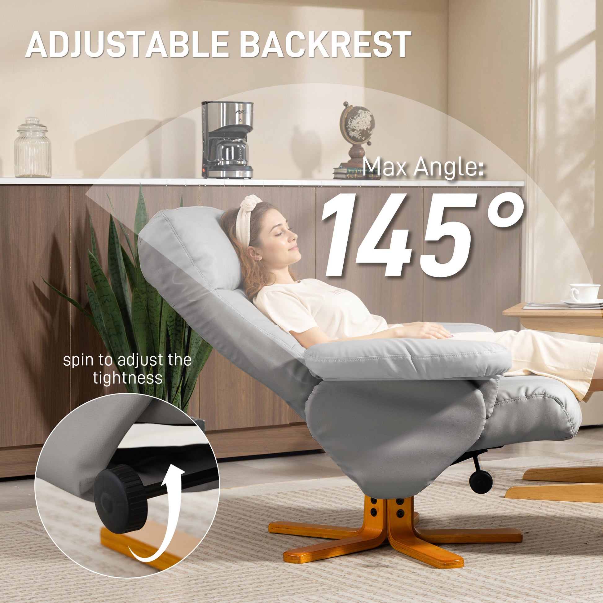 HOMCOM PU Leather Swivel Recliner Chair with Footstool, Wooden Base and Storage for Living Room, Light Grey