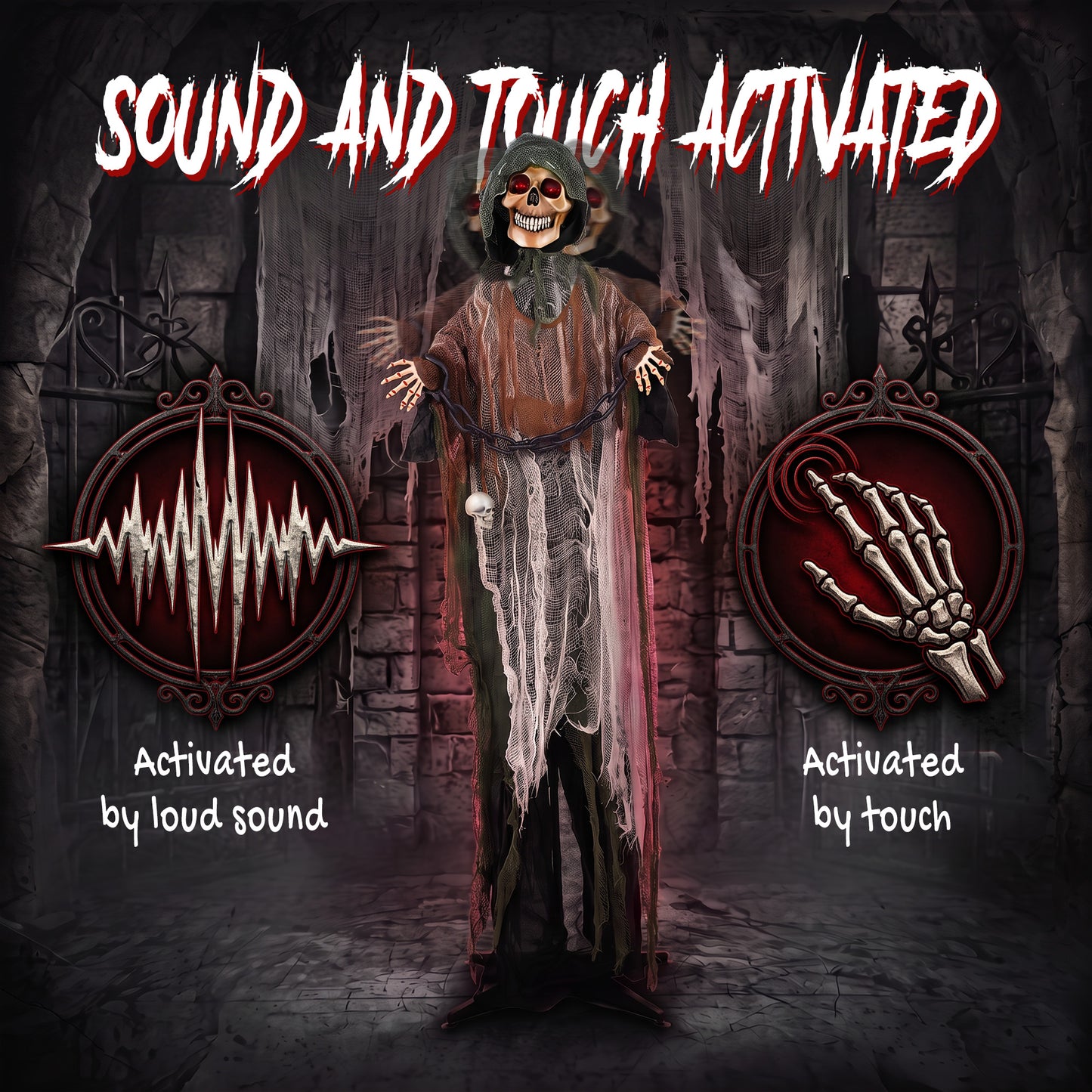 HOMCOM 170cm Animated Grim Reaper, Life-Size Halloween Animatronic with Moving Hands/Head, Glowing Eyes, Creepy Sound