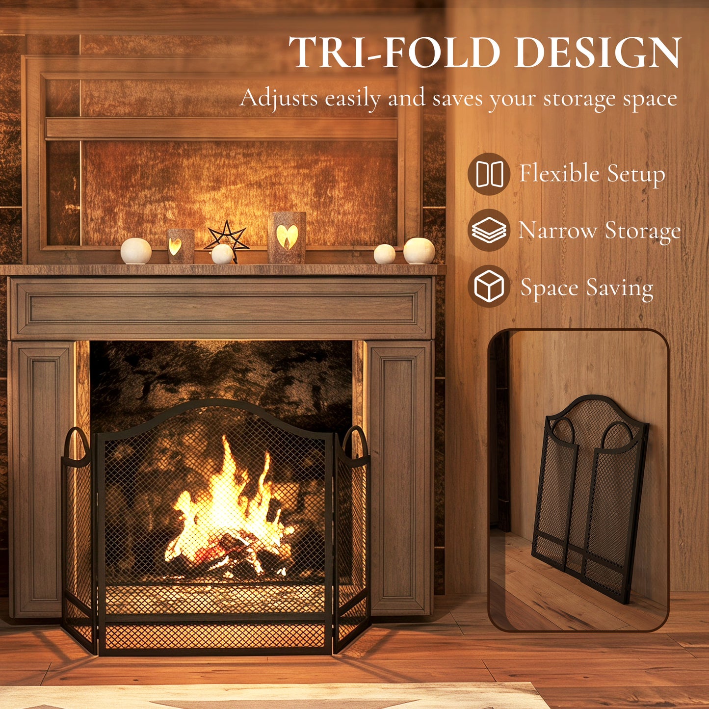 HOMCOM Floral 3-Panel Folding Fireplace Screen for Hearth Protection, Heat-Resistant Metal Fire Spark Guard, Black
