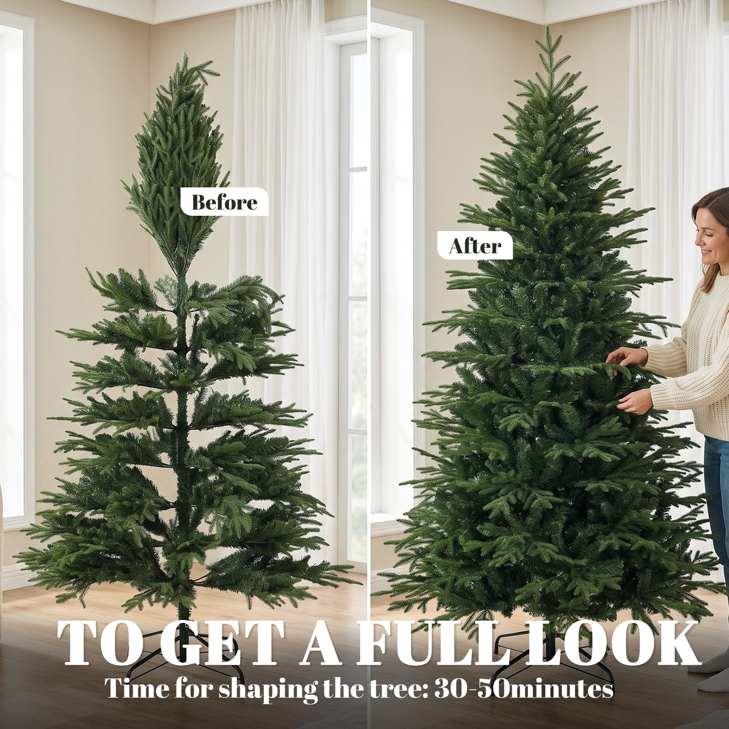 HOMCOM 7ft Artificial Christmas Tree with 2080 Realistic Tips, Hinged Xmas Tree with Wide Shape for Home Office, Green
