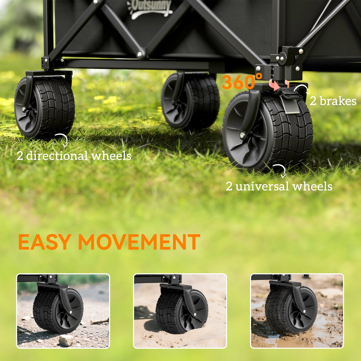 Outsunny Folding Garden Trolley, Outdoor Wagon Cart with Carry Bag, for Beach, Camping, Festival, 120KG Capacity, Black