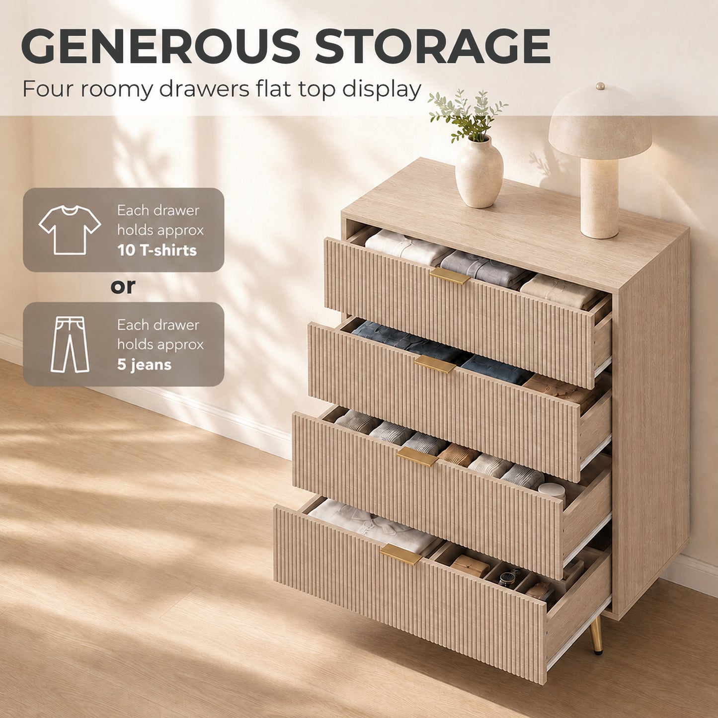 HOMCOM Bedroom Chest of Drawers with 4 Drawers, Fluted Dresser with Gold Tone Handles, Storage Cabinet, Natural
