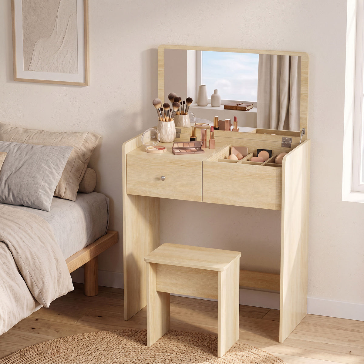 HOMCOM Vanity Desk with Mirror Dressing Table Drawer Set 6 Compartments Storage Stool White and Oak