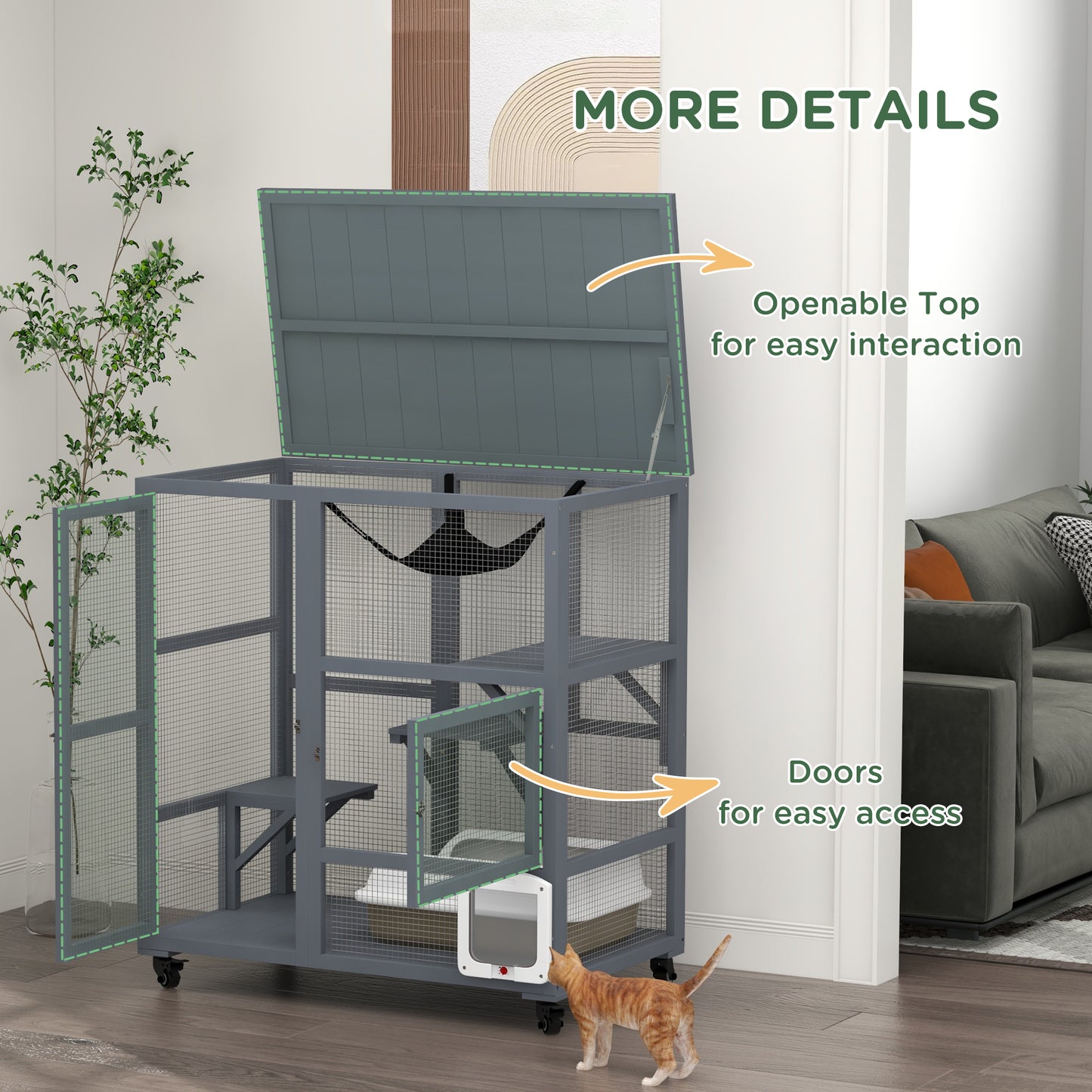PawHut Cat House, Wooden Indoor Catio Cat Enclosure on Wheels, Wooden Kitty Cage with Platforms, Hammock, Light Grey
