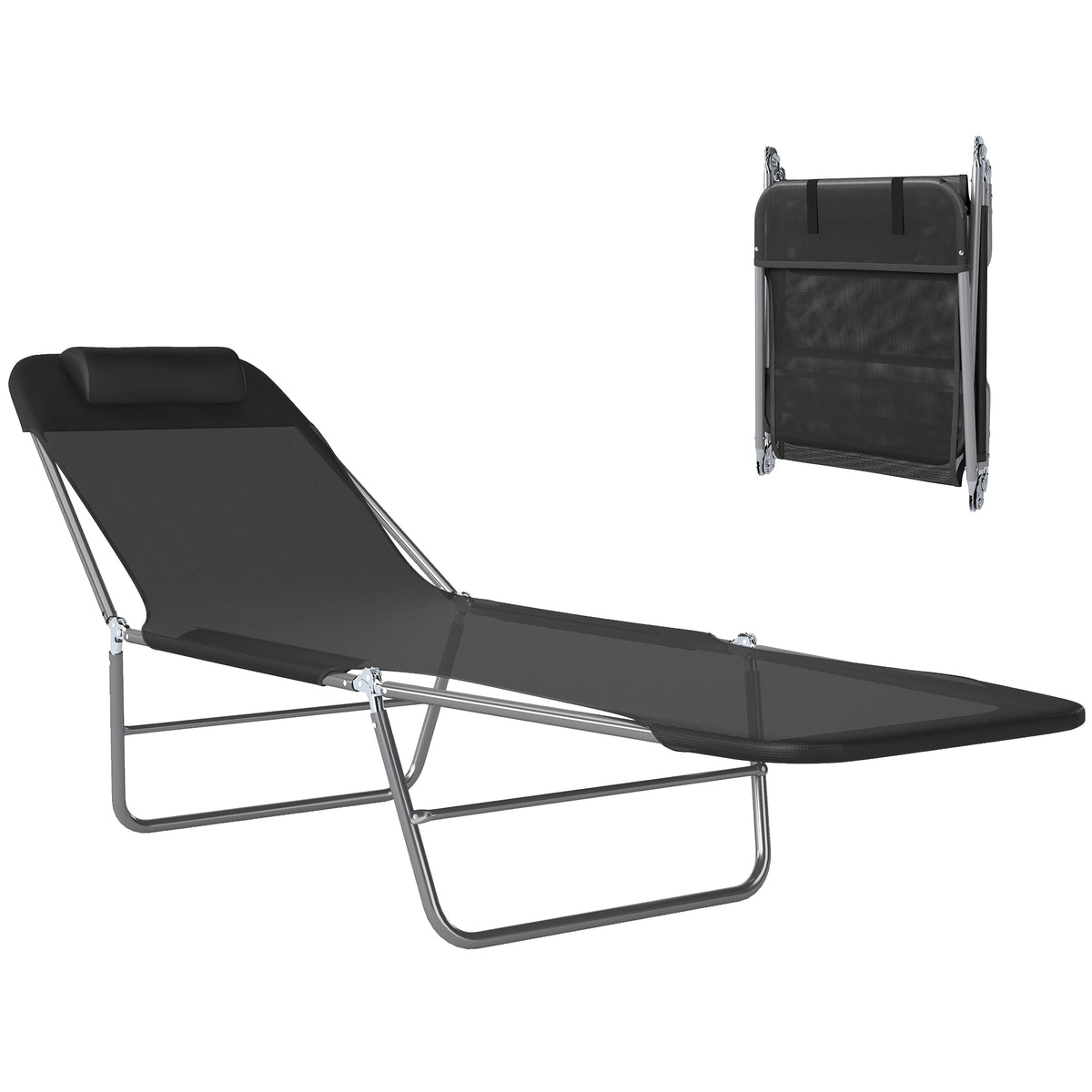 Outsunny Folding Sun Lounger, Texteline Reclining Sun Bed with 5 Position Adjustable Backrest, Headrest, Black Default Title