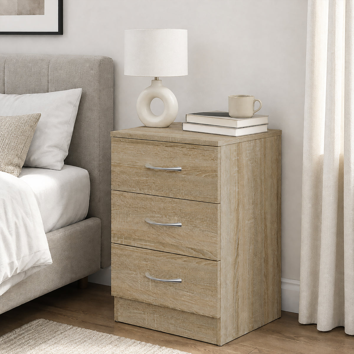 HOMCOM Three-Drawer Simple Bedside Table - Oak