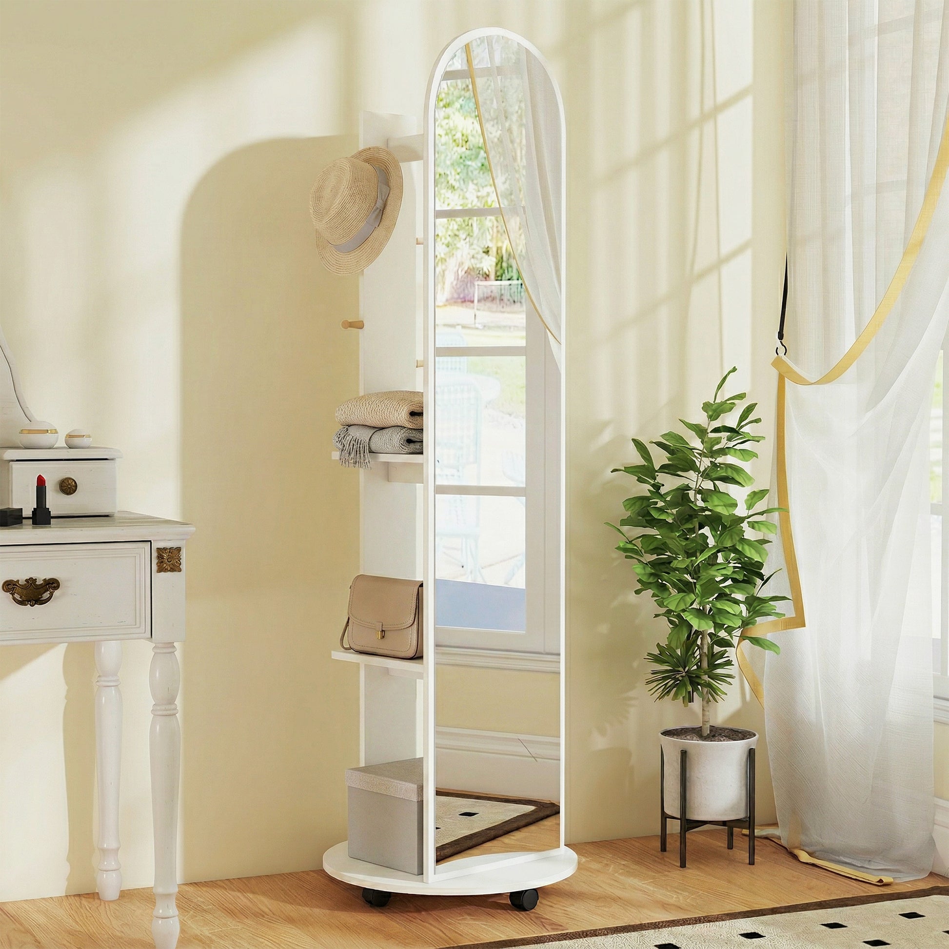 HOMCOM 2-in-1 Full Length Mirror with Storage Shelves, Floor Mirror with 4 Wheels, Coat Rack, Hooks, White