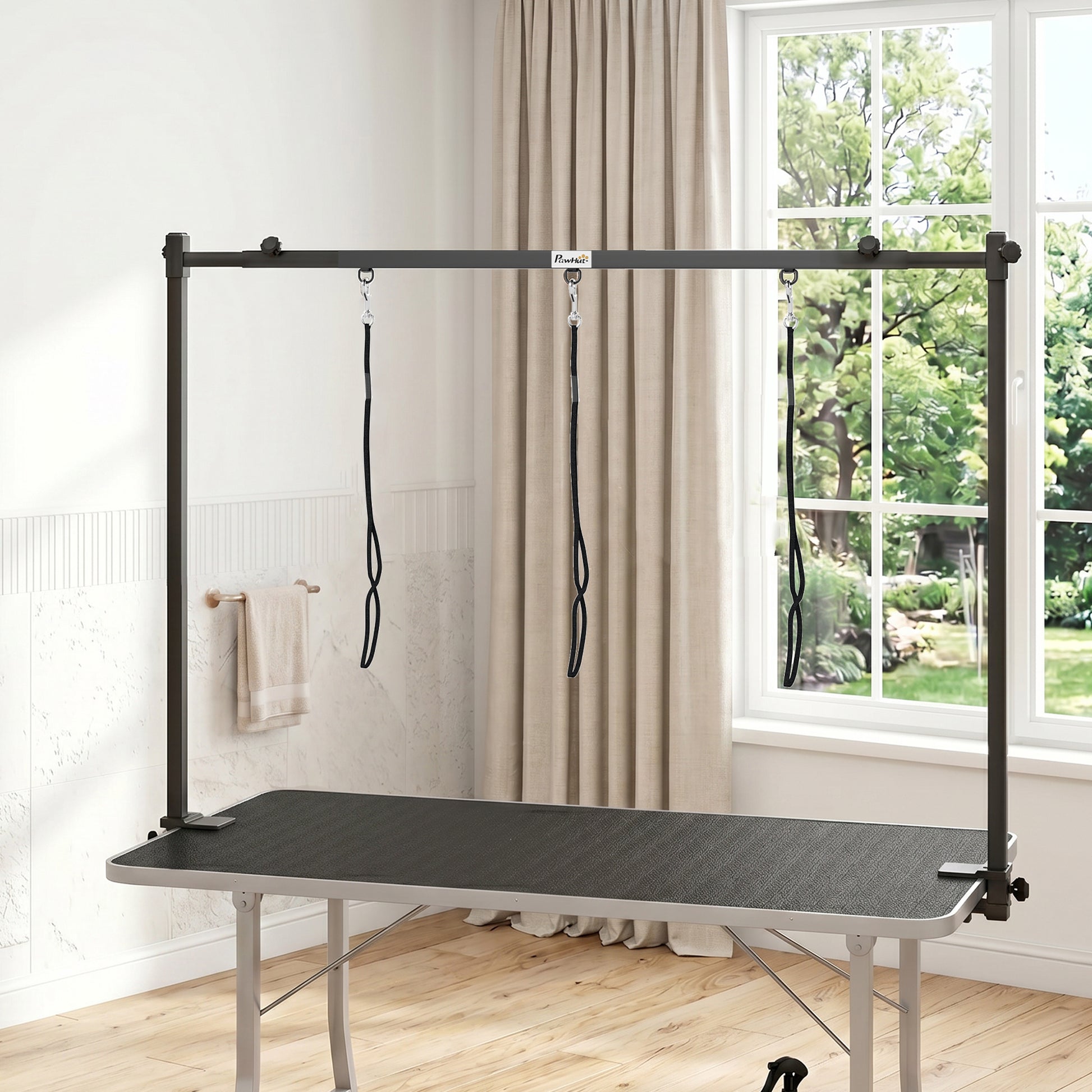 PawHut Dog Grooming Arm Adjustable H-Shape Dog Grooming Table Arm with Clamp and 3 Nooses Black