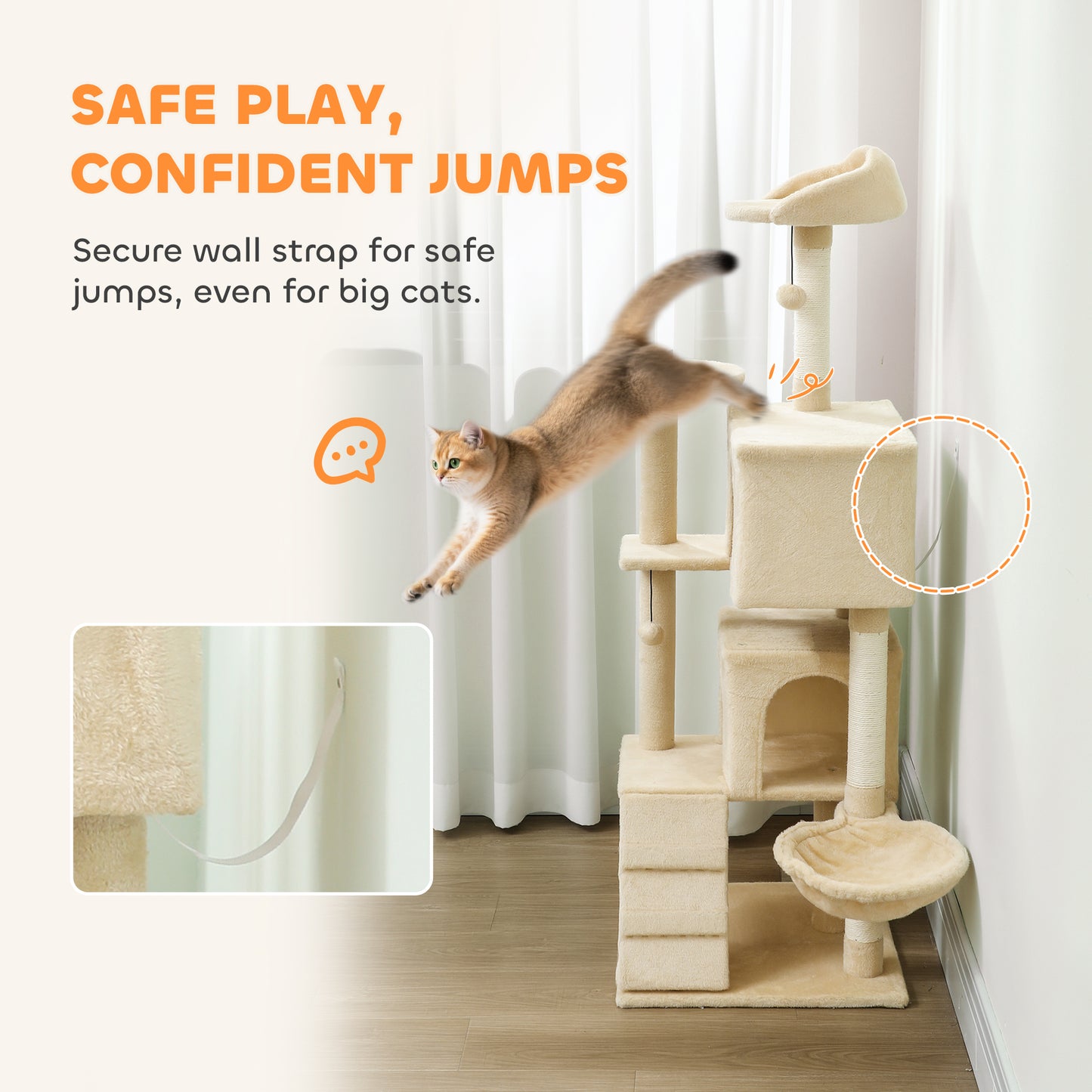 PawHut 140cm Large Cat Tree Tower with Sisal Scratching Posts, Condos, Plush Perches, Hammock, Ladder, Beige