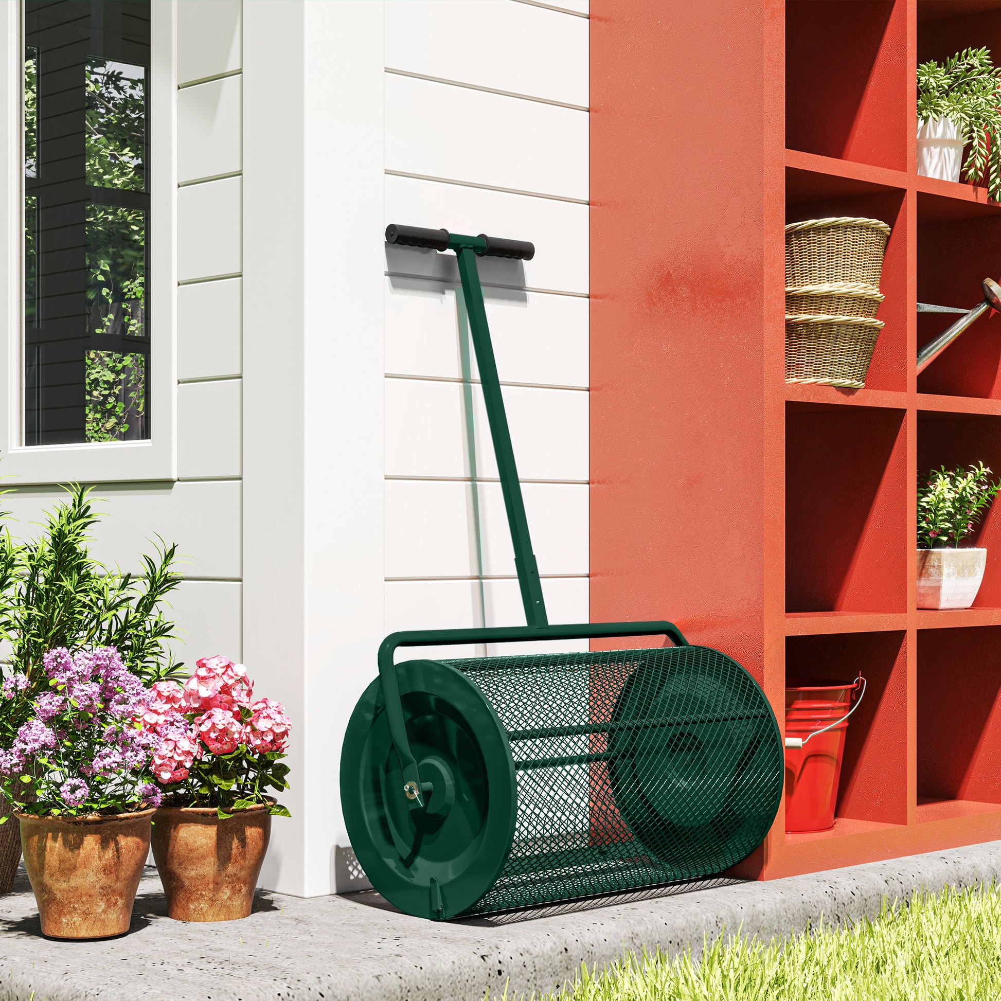 Outsunny Compost Spreader, 24" Peat Moss Spreader with Height Adjustable T Shaped Handle and Metal Mesh Basket, Garden Spreader for Seeding, Spreading Manure, Green