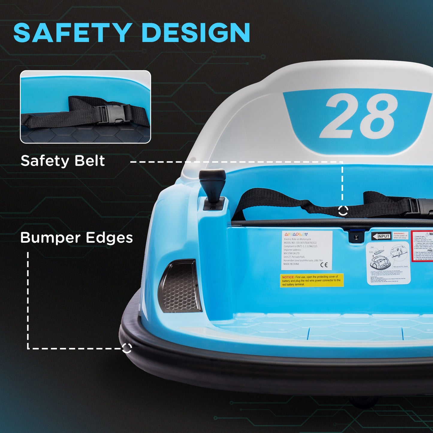 AIYAPLAY 360Â° Rotation Kids Bumper Car, 12V Waltz Car with Remote Control, Dual Joystick, Music, Lights, Light Blue