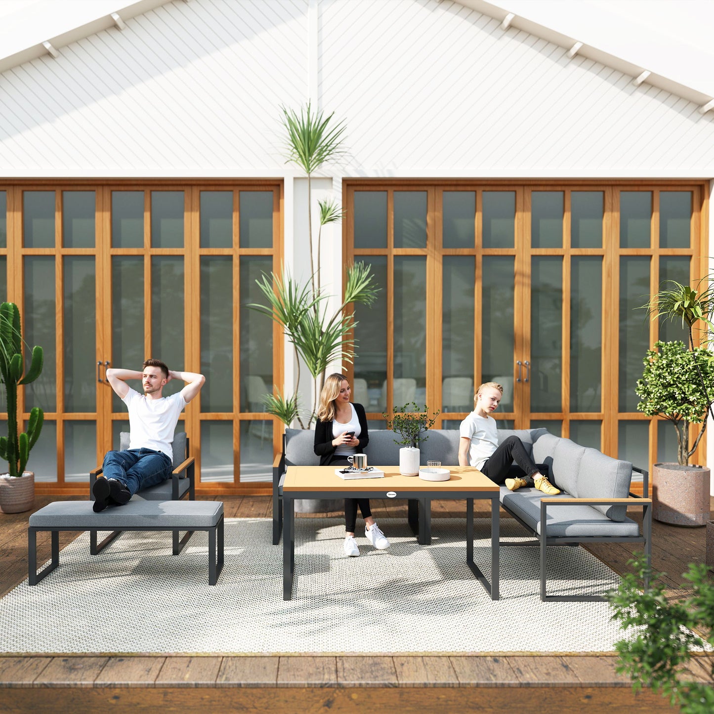 Outsunny Six Piece L Shaped Garden Furniture Set with 3 Loveseats - Natural Wood Finish