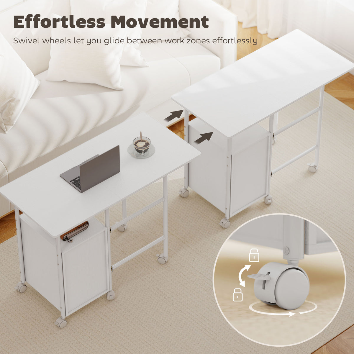 HOMCOM 105 x 51 cm Foldable Office Deskwith 3 Drawers, Extendable Top, Wheels, White