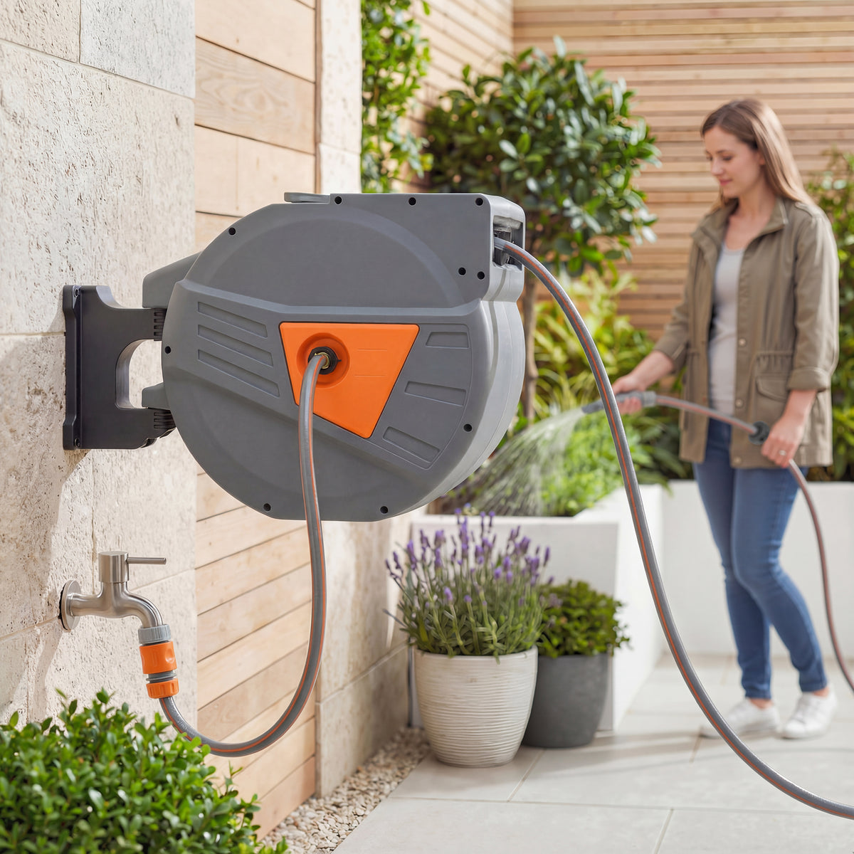 Outsunny Retractable Hose Reel Wall Mounted, 40+2m Garden Hose Pipe Reel with Auto Retraction, Self-Locking, Orange