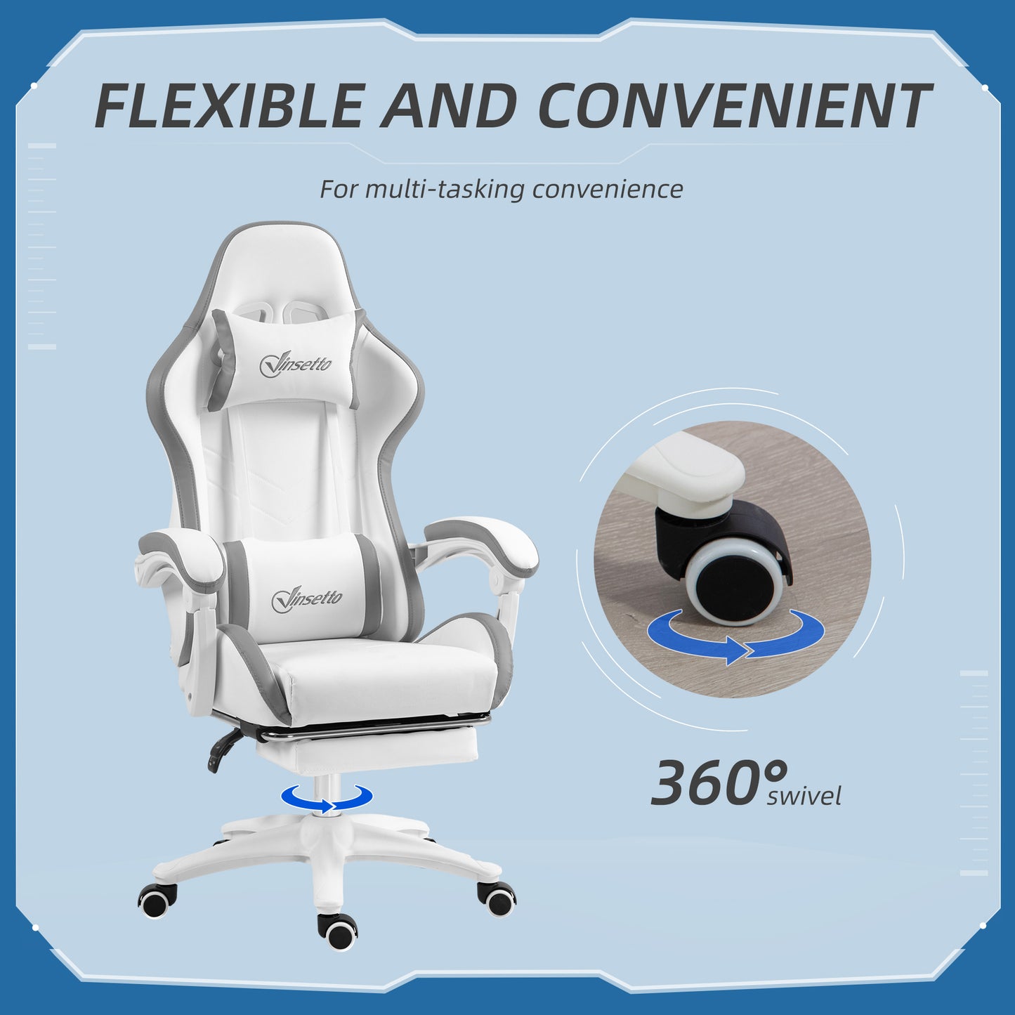 Vinsetto Computer Gaming Chair, PU Leather Desk Chair with Footrest, Swivel Task Chair with 135Â° Reclining Back and Lumbar Support, PC Chair for Adults, White and Grey