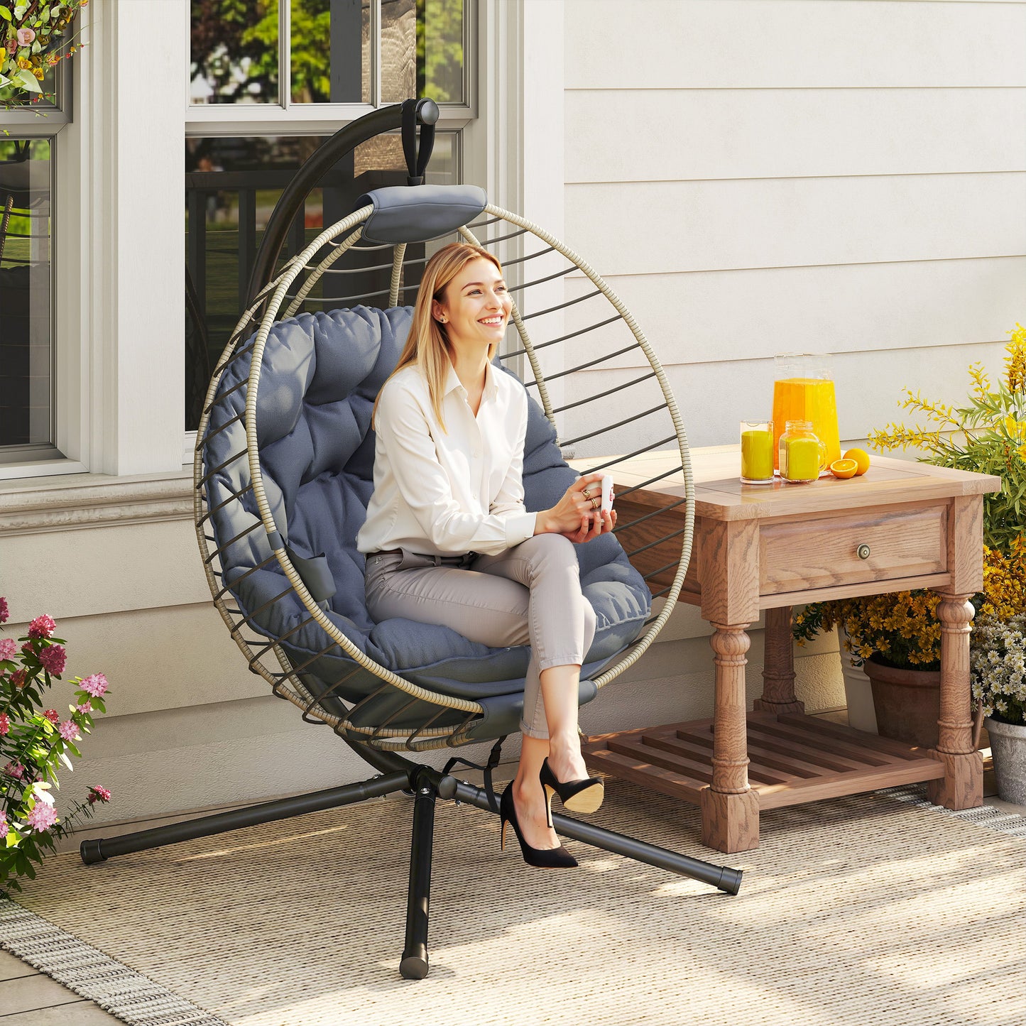 Outsunny PE Rattan Swing Chair, Outdoor Hanging Chair with Metal Stand, Thick Padded Cushion, Foldable Basket and Cup Holder, for Indoor and Outdoor, Grey