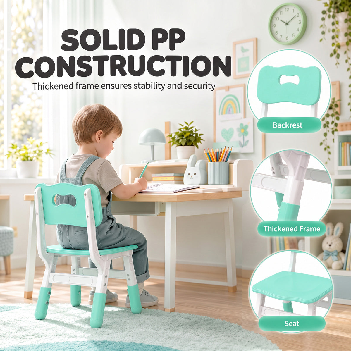 AIYAPLAY 2 PCS Kids Desk Chairs, 3 Level Height Adjustable Children's Chairs with Backrest for 1.5-8 Years, Max Load 50KG, Green