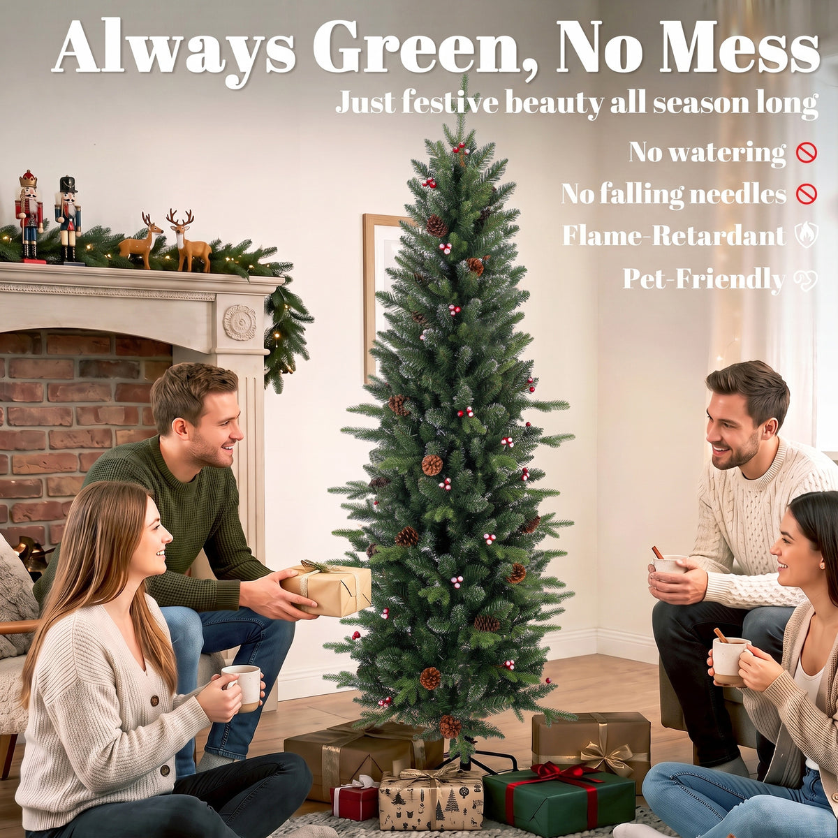 HOMCOM Slim Gracious Pine Xmas Tree, 6ft/180cm Artificial Christmas Tree with 688 Branch Tips, Foldable Steel Stand, Green