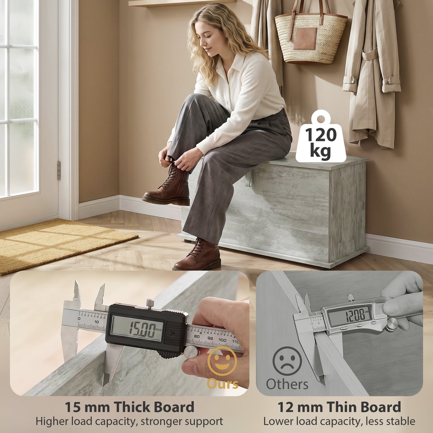 HOMCOM Storage Chest, 102L Blanket Box, Shoe Bench with Safety Hinged Lid, Bed End Bench for Bedroom, 80 x 40 x 45cm, Grey